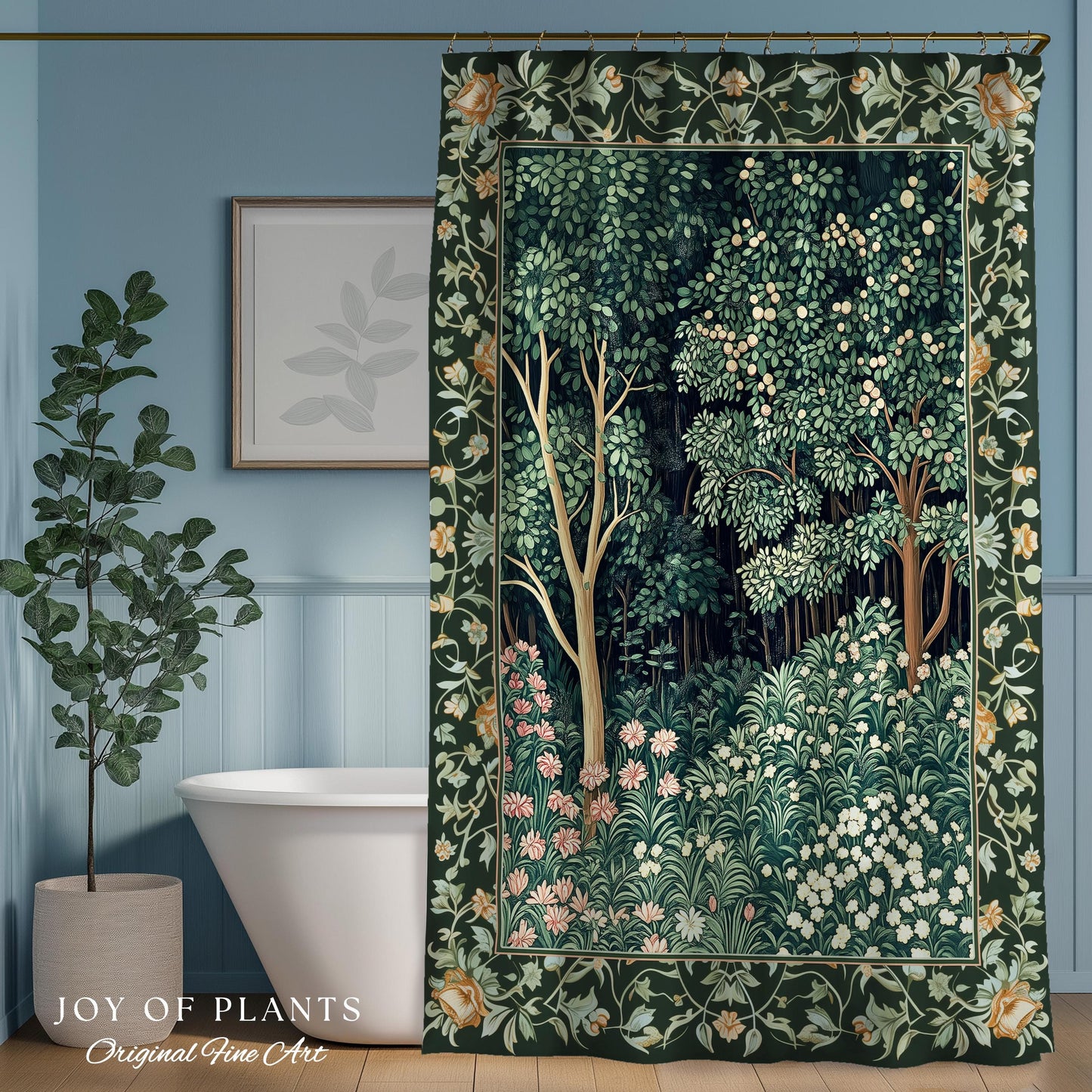 Medieval Forest Botanical Bathroom Accent | Woodland Botanical Emerald Green Vintage Aesthetic Mystic Storybook Shower Curtain Magical Style