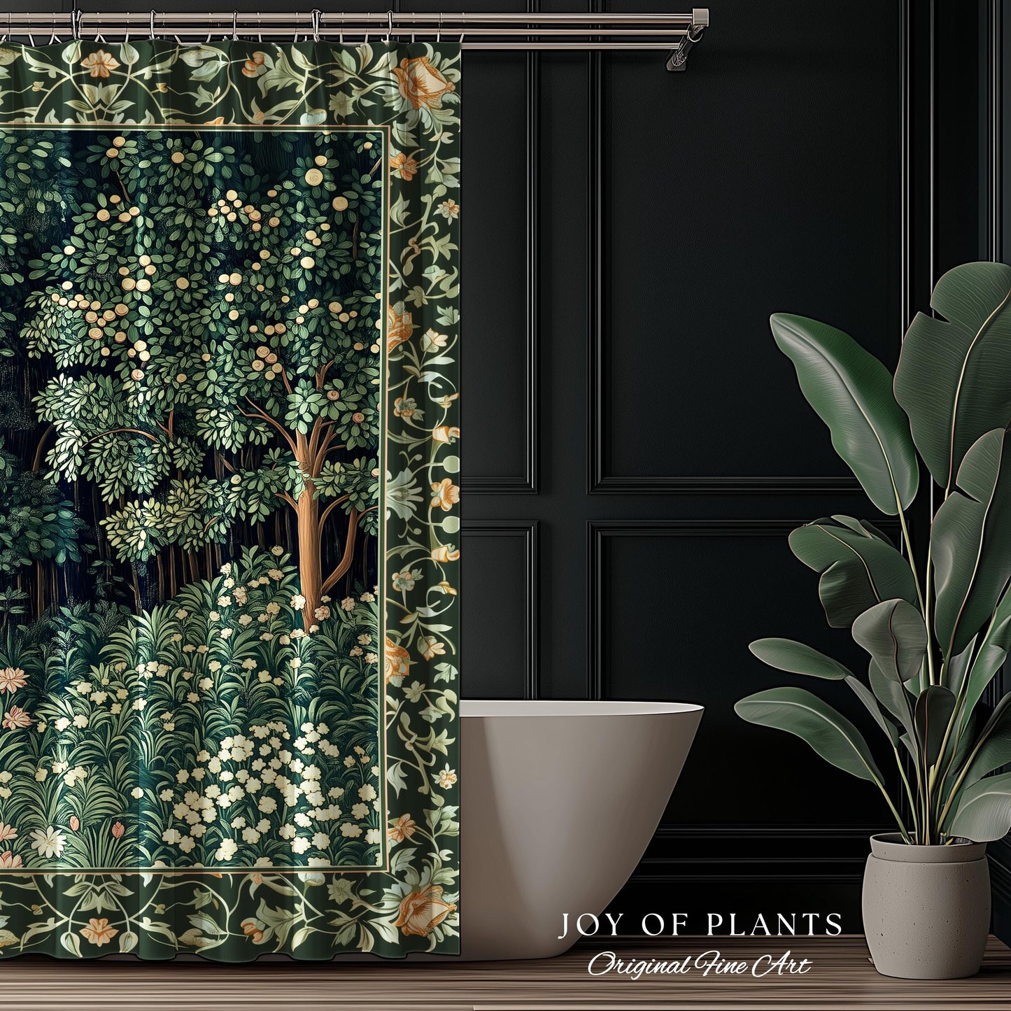 Medieval Forest Botanical Bathroom Accent | Woodland Botanical Emerald Green Vintage Aesthetic Mystic Storybook Shower Curtain Magical Style