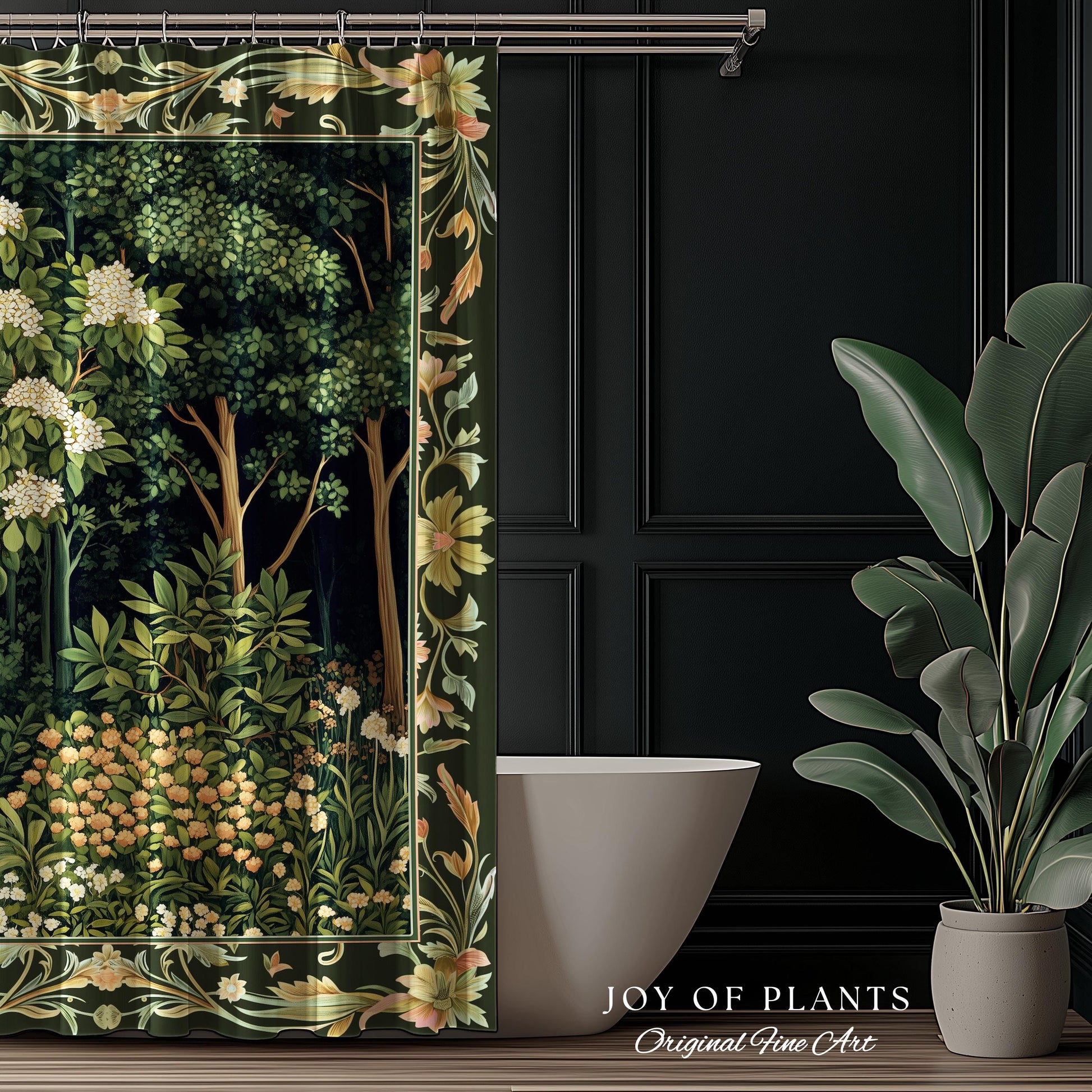 Emerald Green Medieval Tree Shower Curtain | Magical Woodland Cottagecore Aesthetic Nature Lover Bathroom Olive Green Decor Boho Botanicals