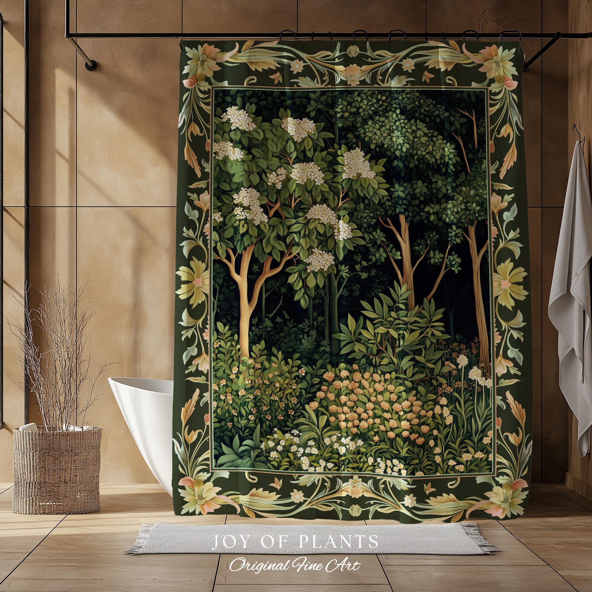 Emerald Green Medieval Tree Shower Curtain | Magical Woodland Cottagecore Aesthetic Nature Lover Bathroom Olive Green Decor Boho Botanicals