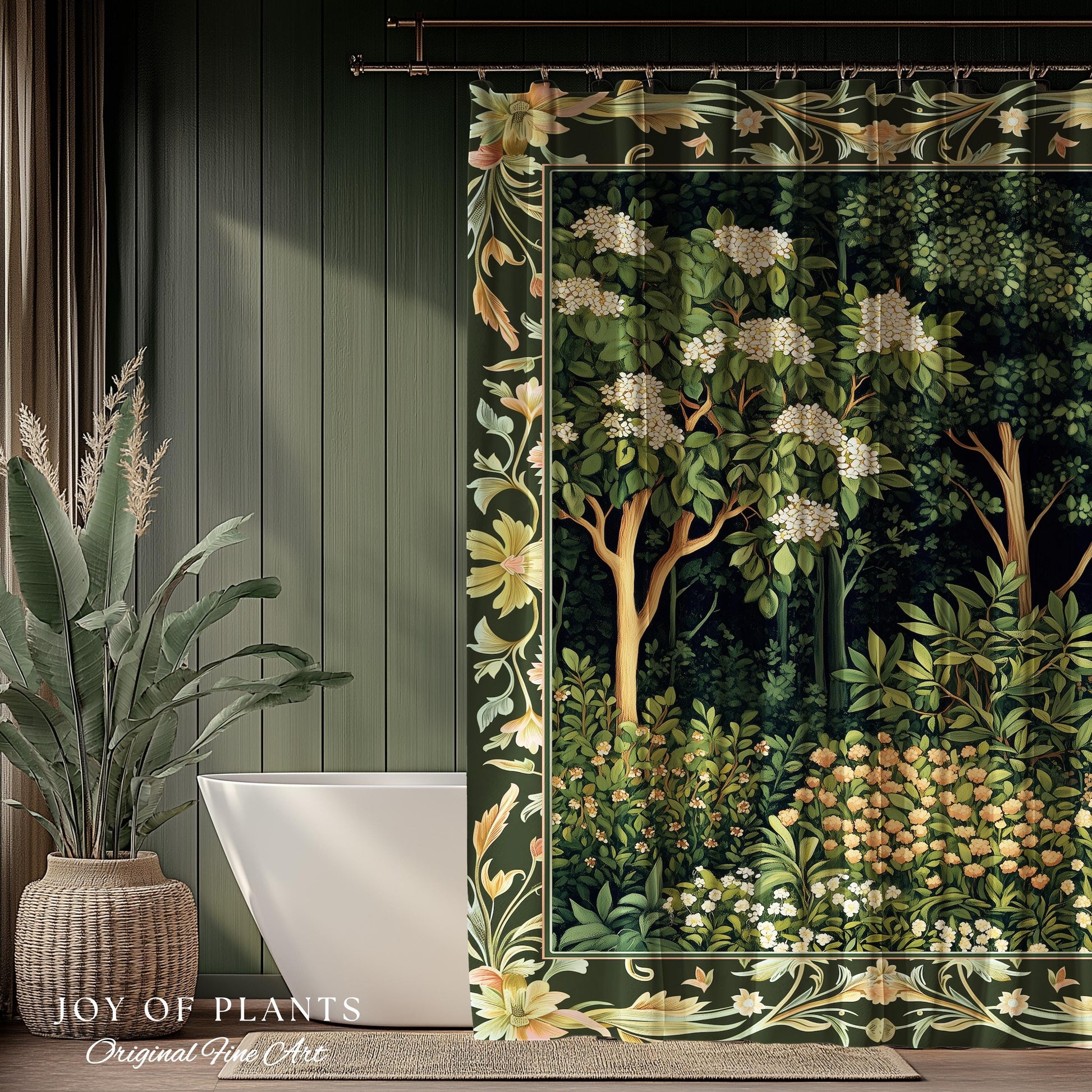 Emerald Green Medieval Tree Shower Curtain | Magical Woodland Cottagecore Aesthetic Nature Lover Bathroom Olive Green Decor Boho Botanicals