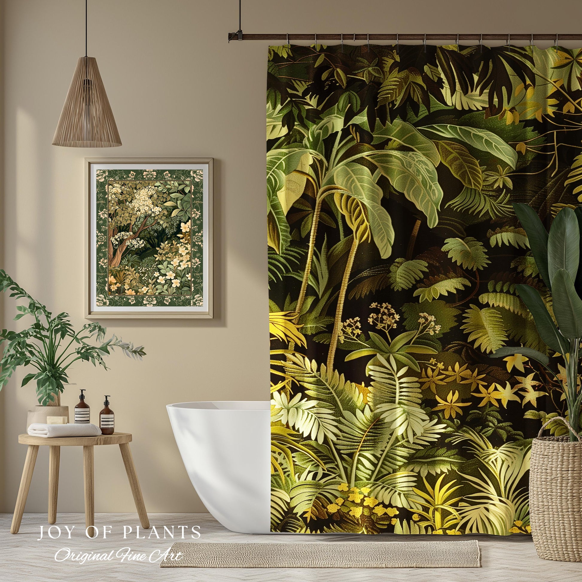 Moody Botanical Jungle Leaves Shower Curtain | Eclectic Green Maximalist Bathroom Whimsigoth Vintage Botanical Nature Aesthetic Forest Decor