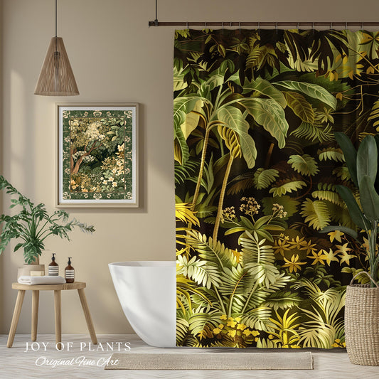 Moody Botanical Jungle Leaves Shower Curtain | Eclectic Green Maximalist Bathroom Whimsigoth Vintage Botanical Nature Aesthetic Forest Decor