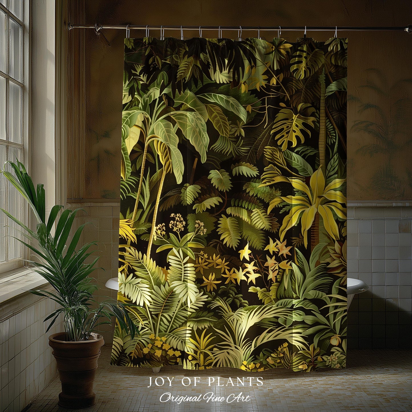 Moody Botanical Jungle Leaves Shower Curtain | Eclectic Green Maximalist Bathroom Whimsigoth Vintage Botanical Nature Aesthetic Forest Decor