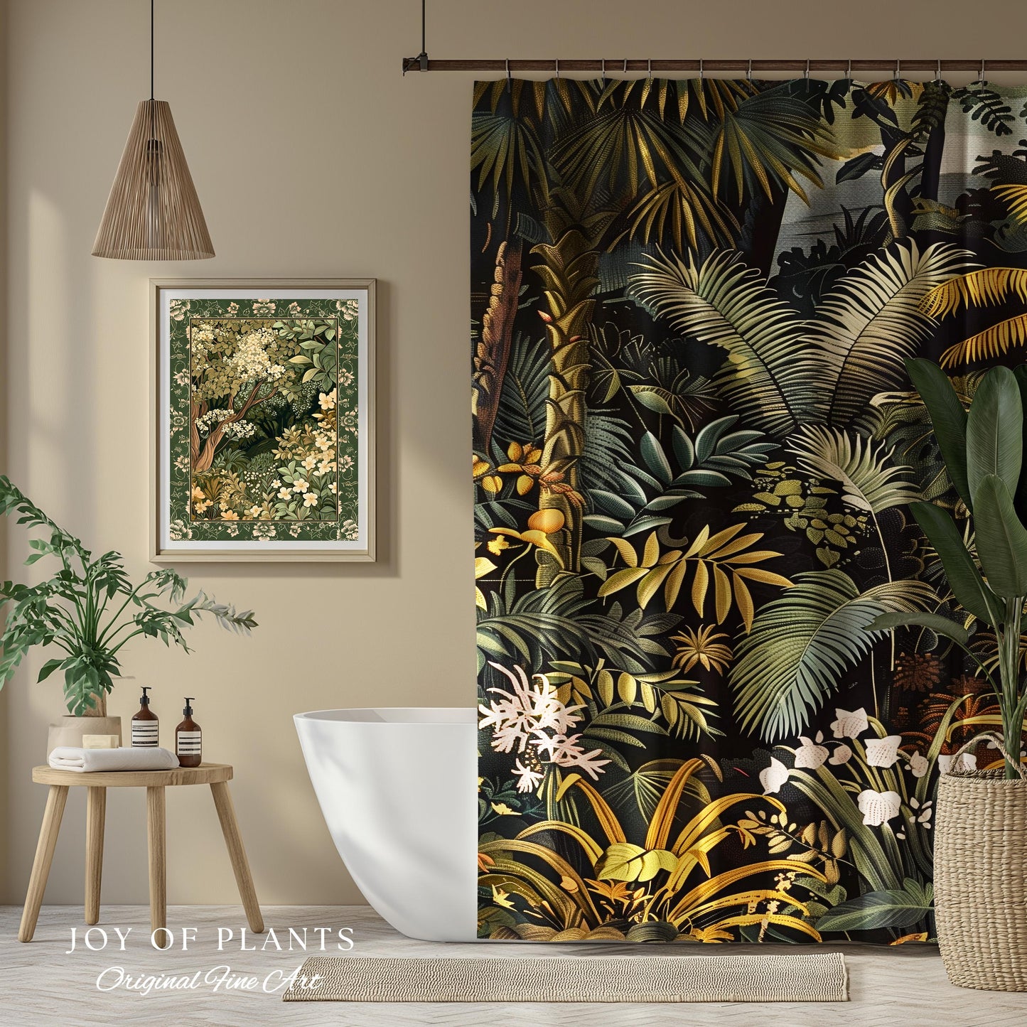Earthy Colors Tropical Leaves Shower Curtain | Jungle Theme Bathroom Decor Whimsical Botanical Bath Room Forest Houseplant Lover Home Accent