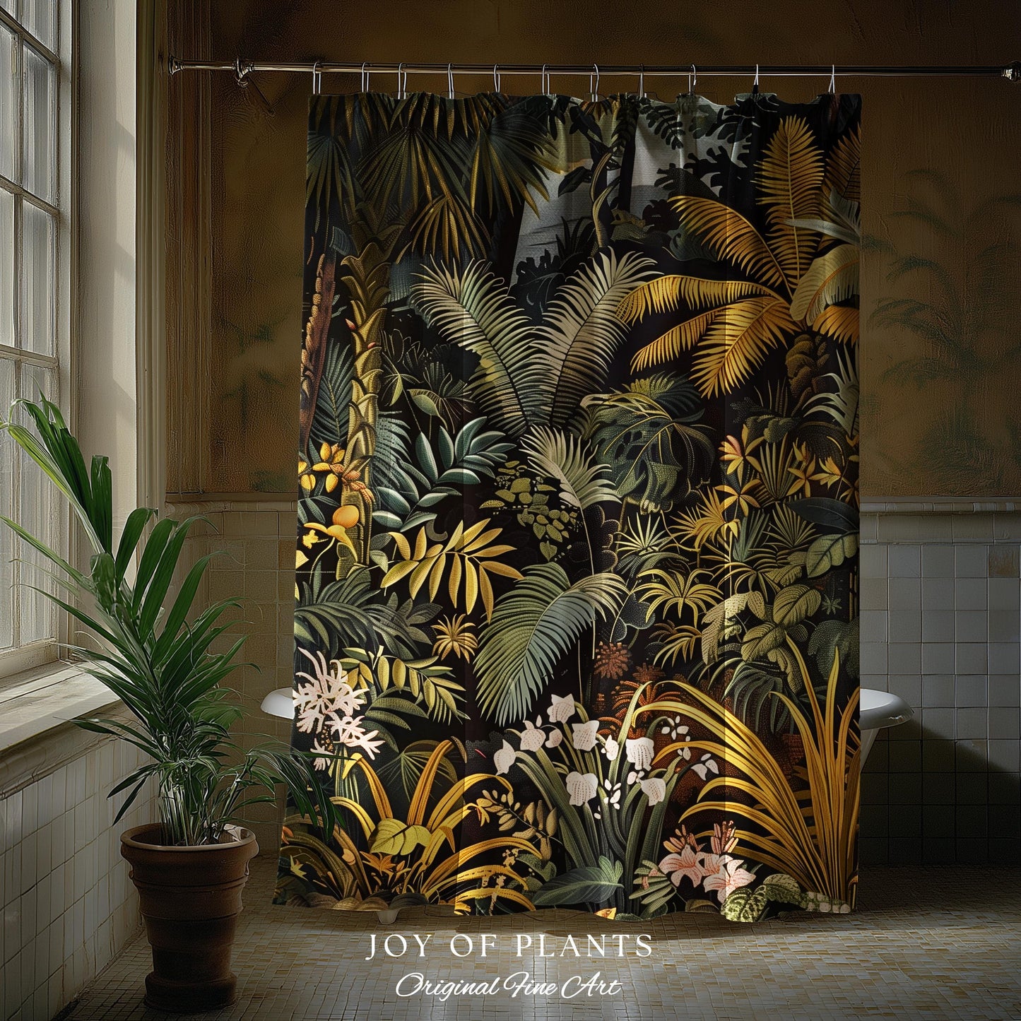 Earthy Colors Tropical Leaves Shower Curtain | Jungle Theme Bathroom Decor Whimsical Botanical Bath Room Forest Houseplant Lover Home Accent