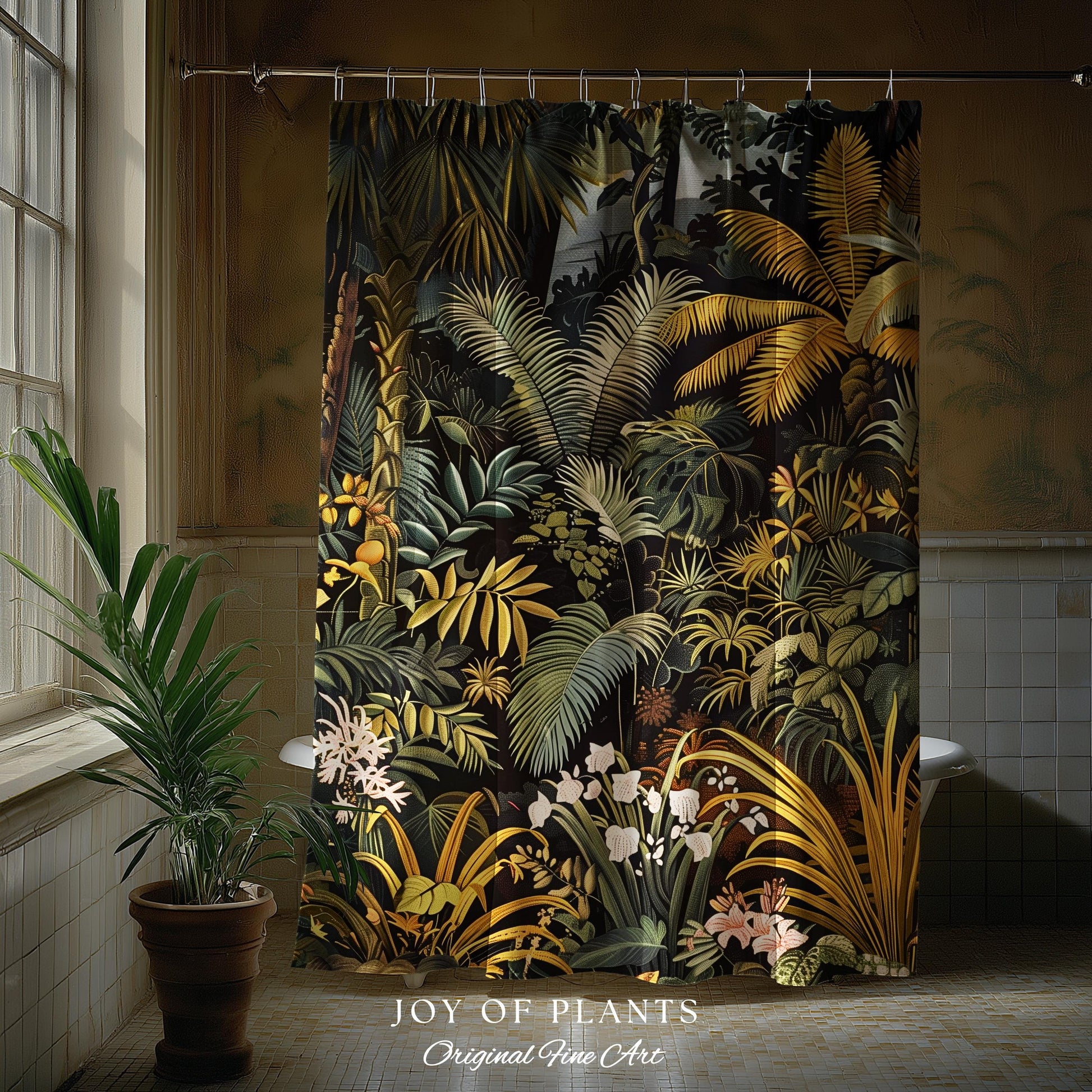 Earthy Colors Tropical Leaves Shower Curtain | Jungle Theme Bathroom Decor Whimsical Botanical Bath Room Forest Houseplant Lover Home Accent