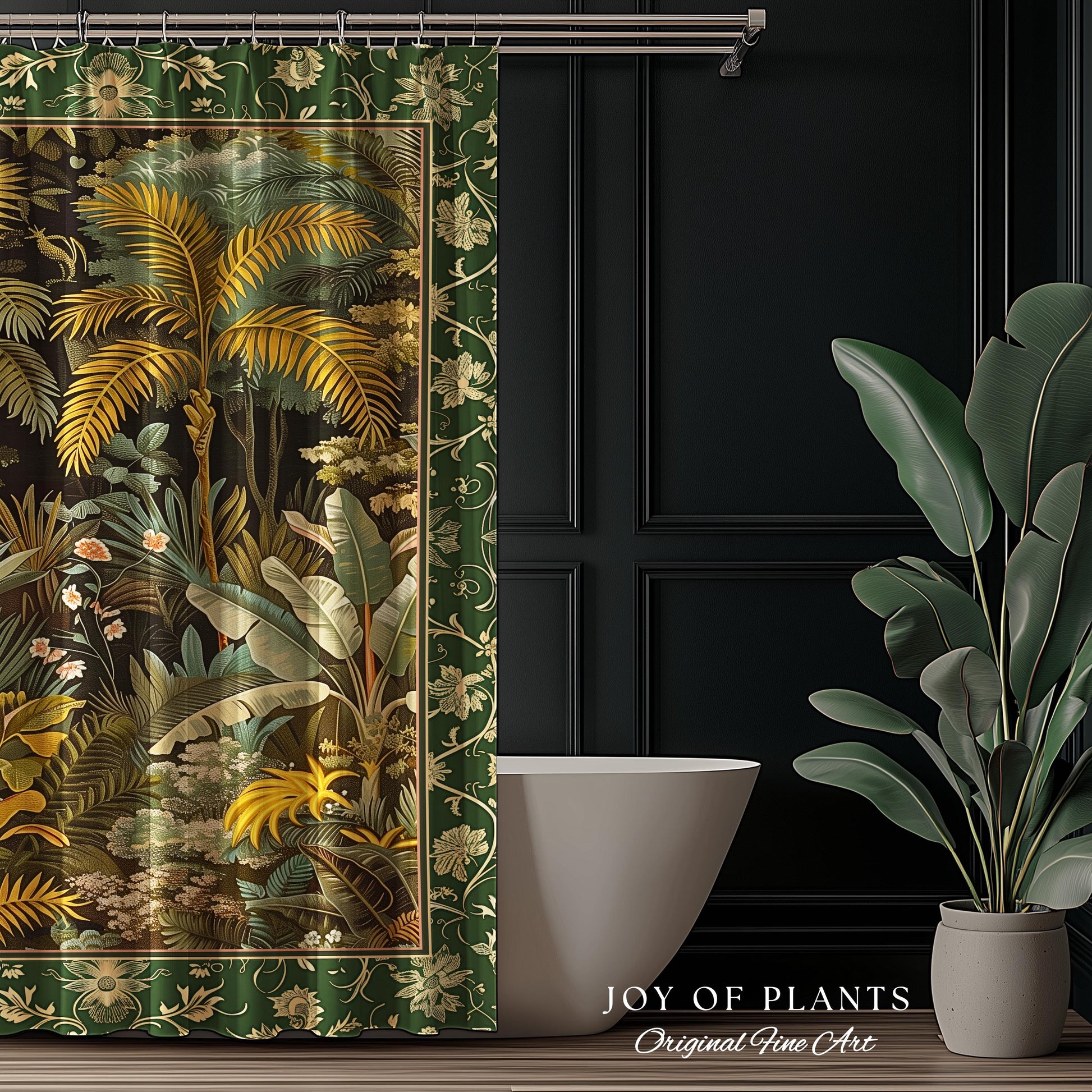 Maximalist Botanical Jungle Shower Curtain | Exotic Leaf Tropical Nature Theme Bathroom Decor Vintage Elegance Boho Jungle Greenery Curtain