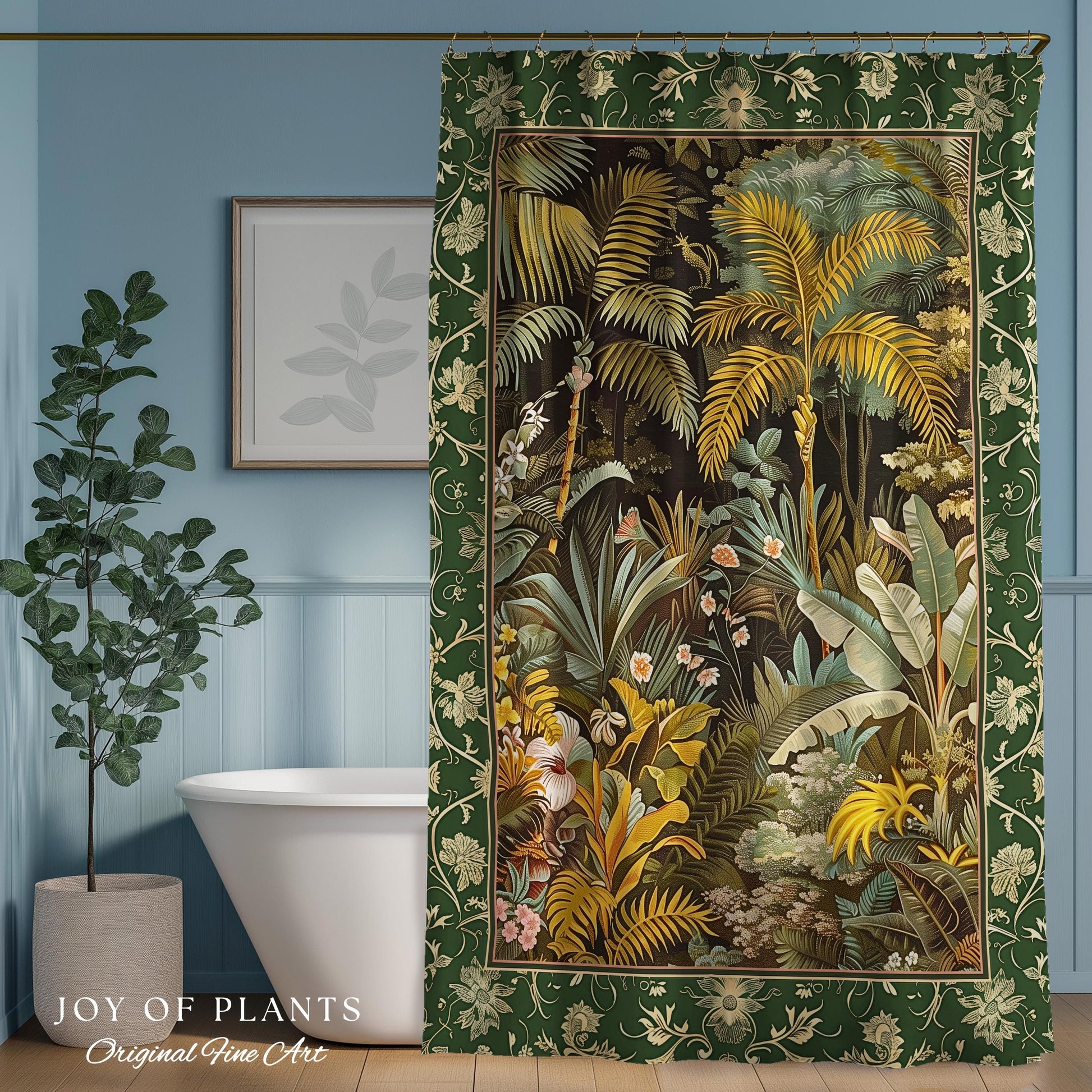 Maximalist Botanical Jungle Shower Curtain | Exotic Leaf Tropical Nature Theme Bathroom Decor Vintage Elegance Boho Jungle Greenery Curtain