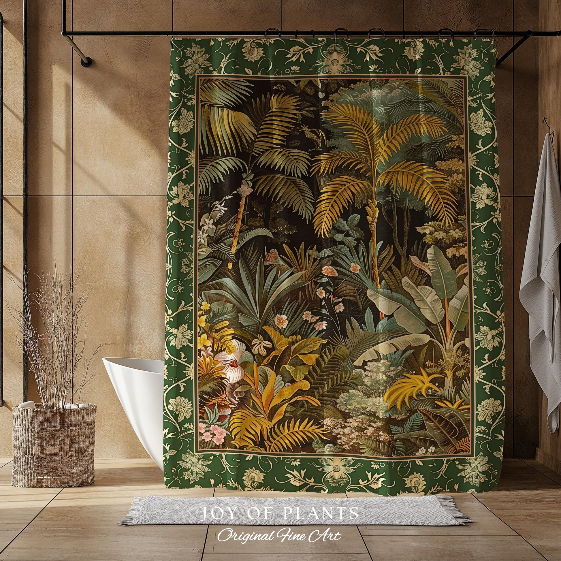 Maximalist Botanical Jungle Shower Curtain | Exotic Leaf Tropical Nature Theme Bathroom Decor Vintage Elegance Boho Jungle Greenery Curtain
