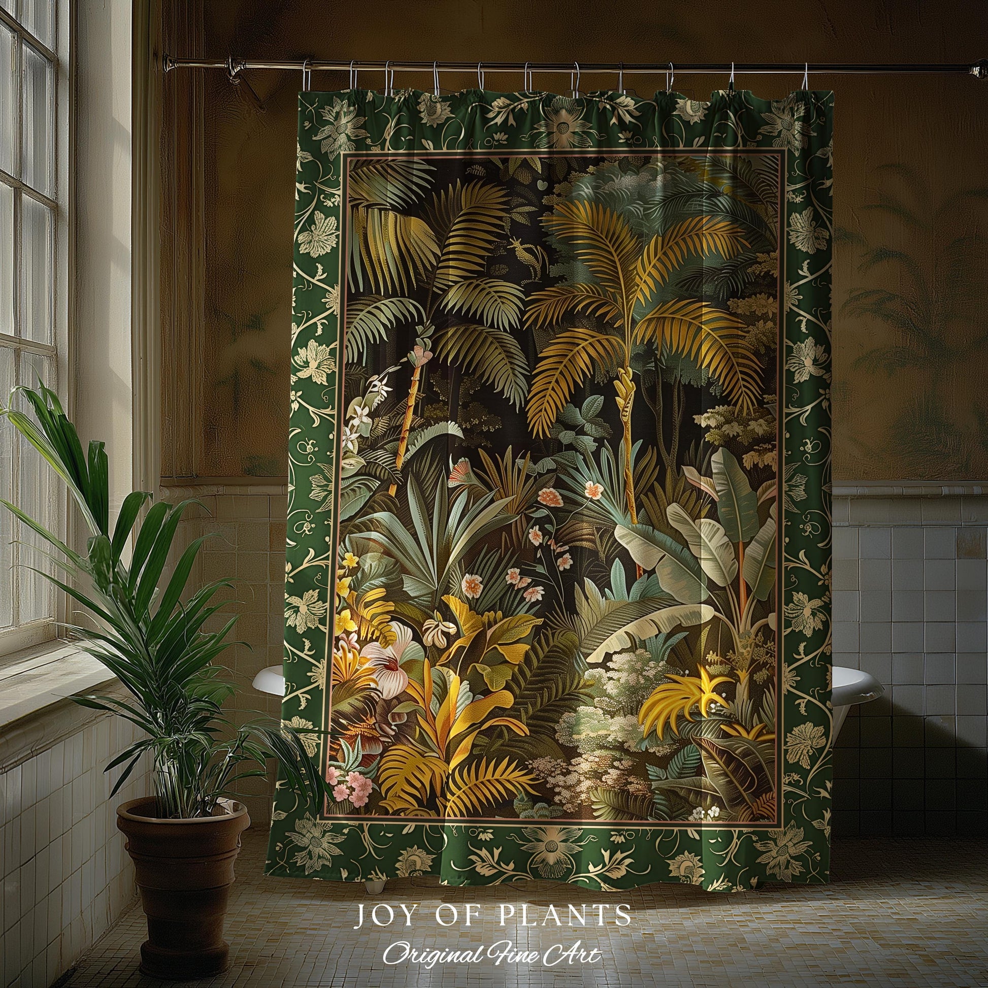 Maximalist Botanical Jungle Shower Curtain | Exotic Leaf Tropical Nature Theme Bathroom Decor Vintage Elegance Boho Jungle Greenery Curtain