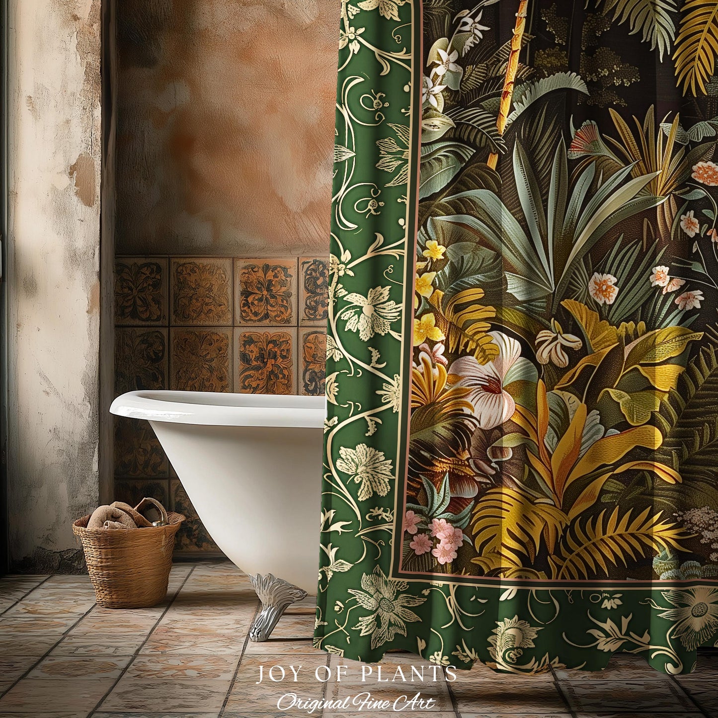 Maximalist Botanical Jungle Shower Curtain | Exotic Leaf Tropical Nature Theme Bathroom Decor Vintage Elegance Boho Jungle Greenery Curtain