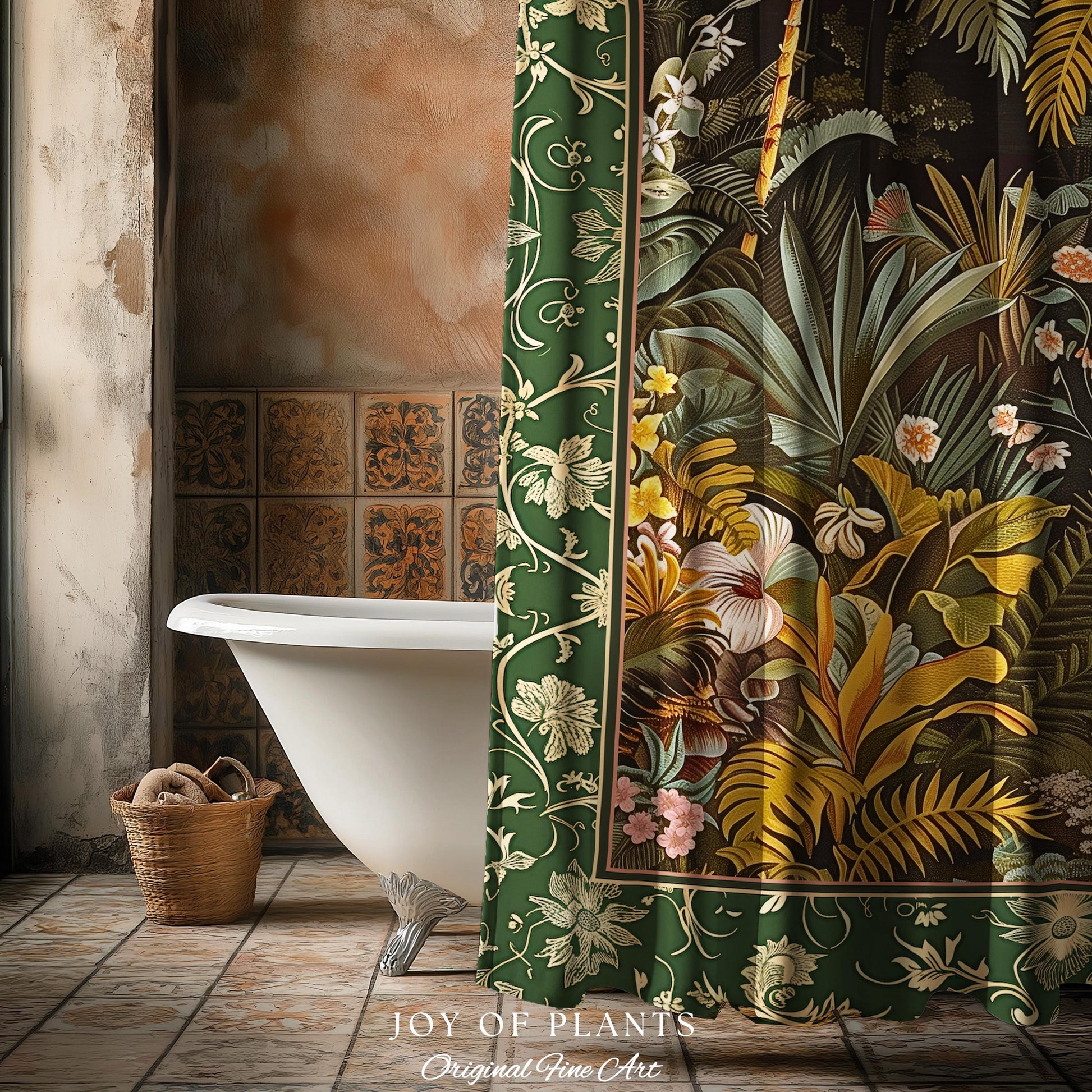 Maximalist Botanical Jungle Shower Curtain | Exotic Leaf Tropical Nature Theme Bathroom Decor Vintage Elegance Boho Jungle Greenery Curtain