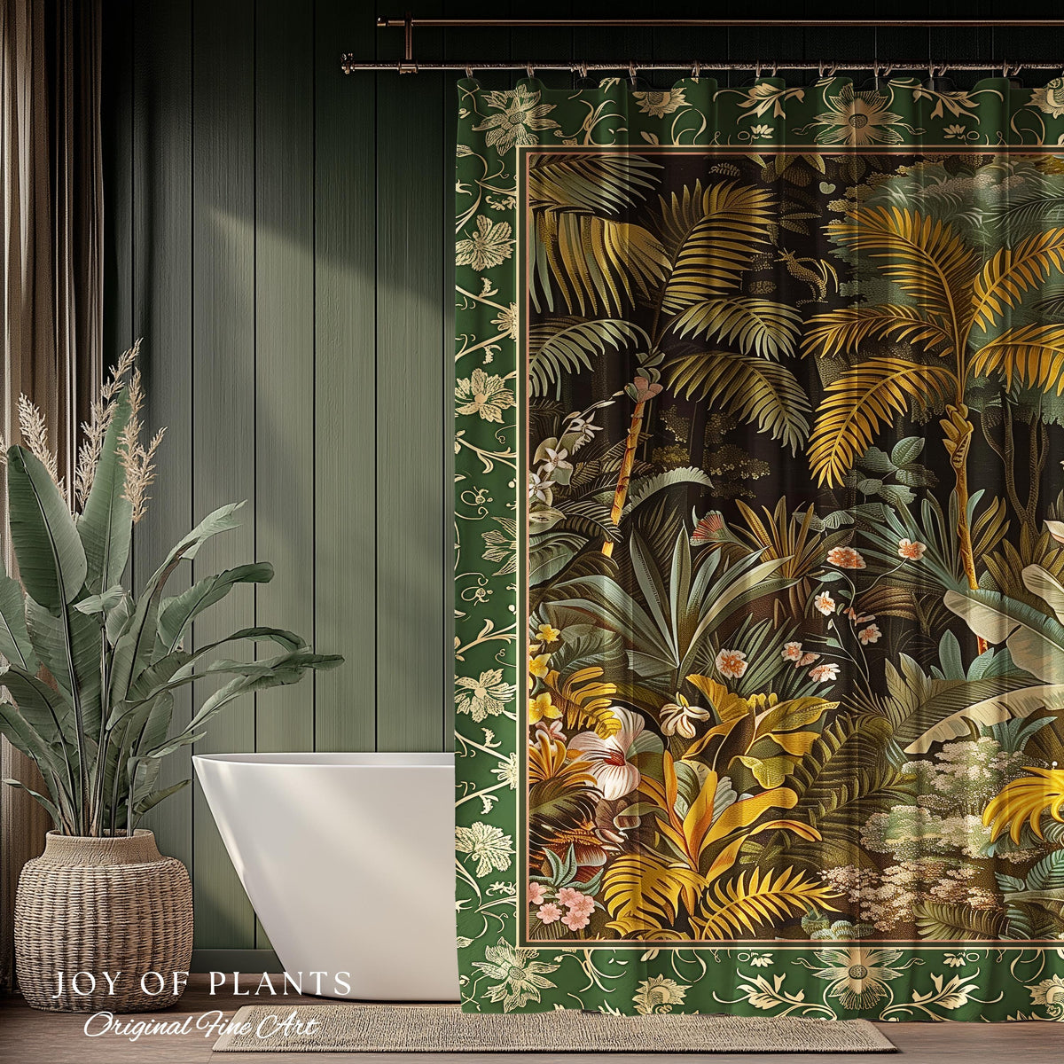 Maximalist Botanical Jungle Shower Curtain | Exotic Leaf Tropical Nature Theme Bathroom Decor Vintage Elegance Boho Jungle Greenery Curtain