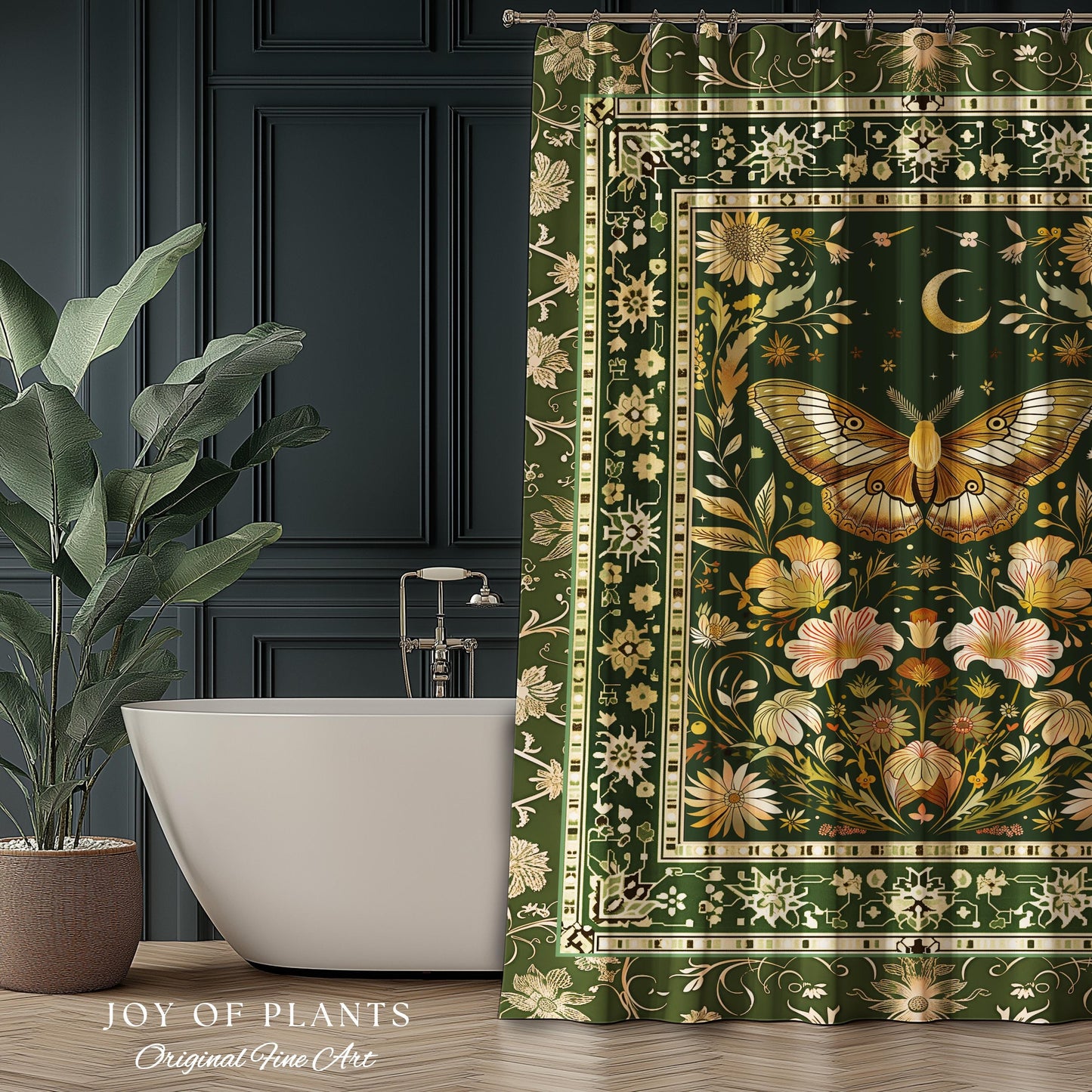 Boho Butterfly Moon Floral Garden Shower Curtain Vintage Sage Green Cottagecore Botanical Decor | Enchanted Forest Bathroom Moth Bohemian |