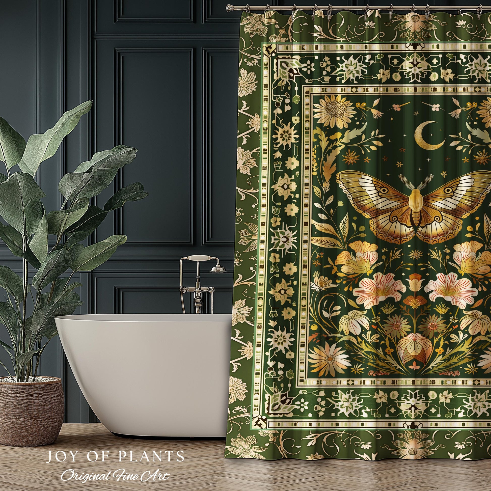 Boho Butterfly Moon Floral Garden Shower Curtain Vintage Sage Green Cottagecore Botanical Decor | Enchanted Forest Bathroom Moth Bohemian |