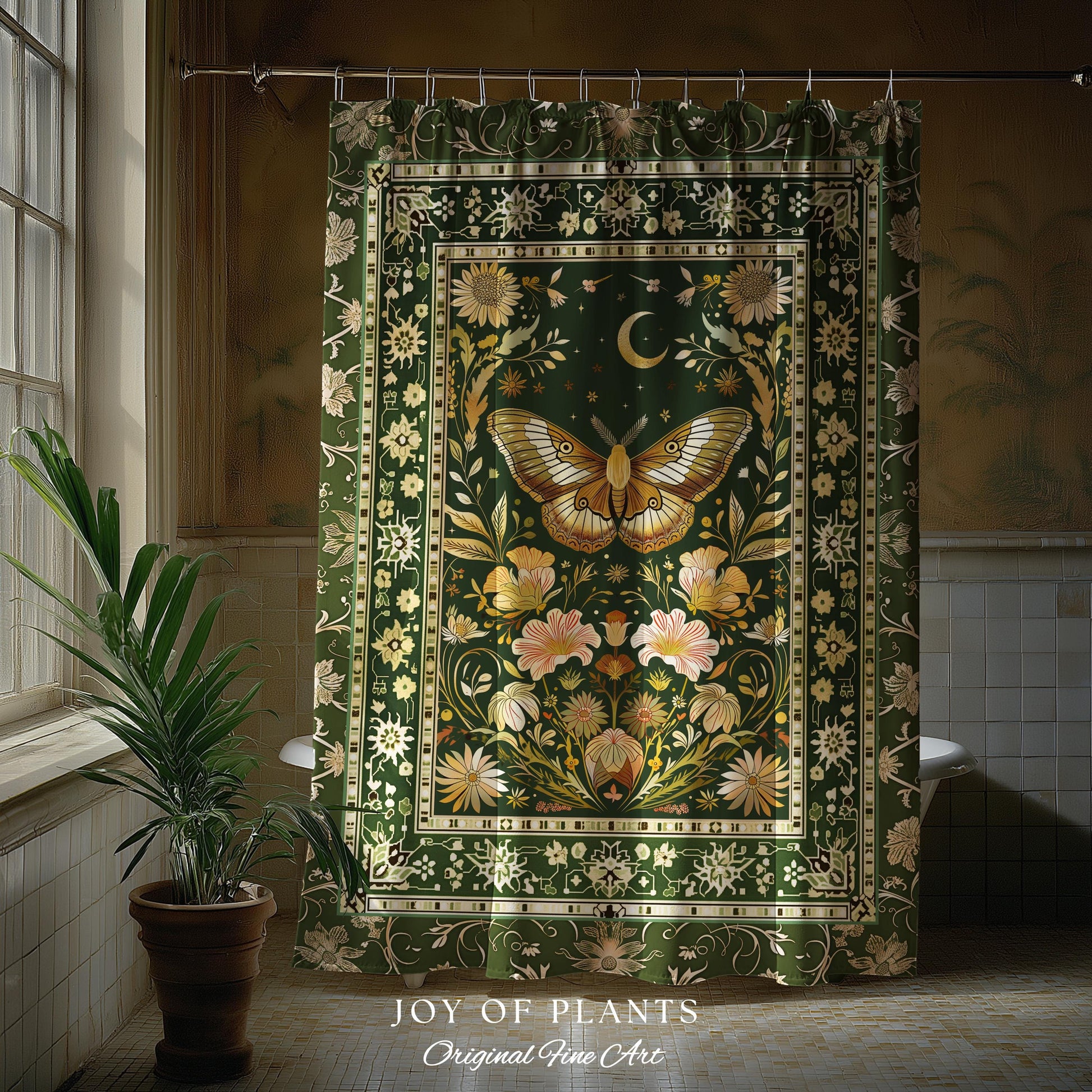 Boho Butterfly Moon Floral Garden Shower Curtain Vintage Sage Green Cottagecore Botanical Decor | Enchanted Forest Bathroom Moth Bohemian |