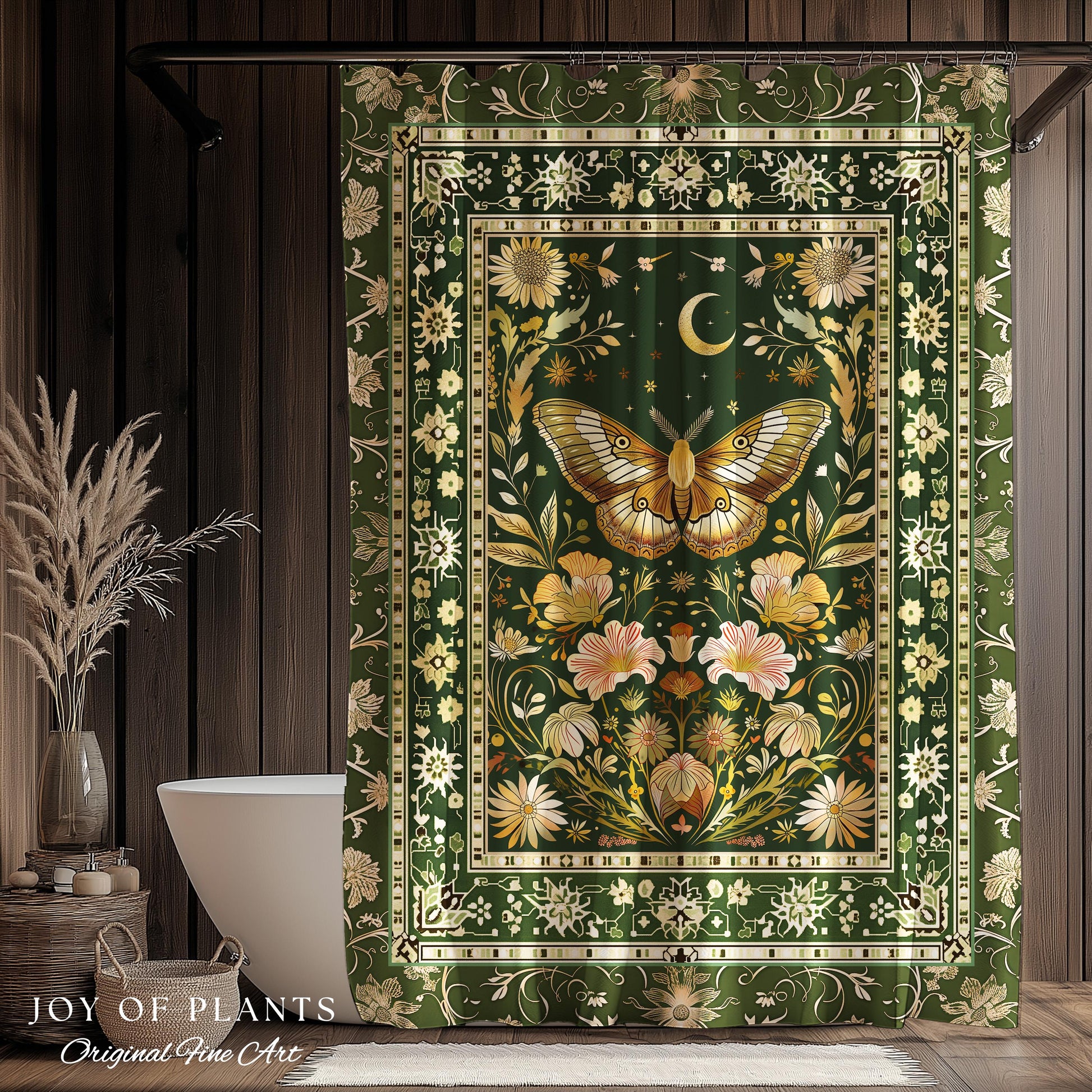Boho Butterfly Moon Floral Garden Shower Curtain Vintage Sage Green Cottagecore Botanical Decor | Enchanted Forest Bathroom Moth Bohemian |