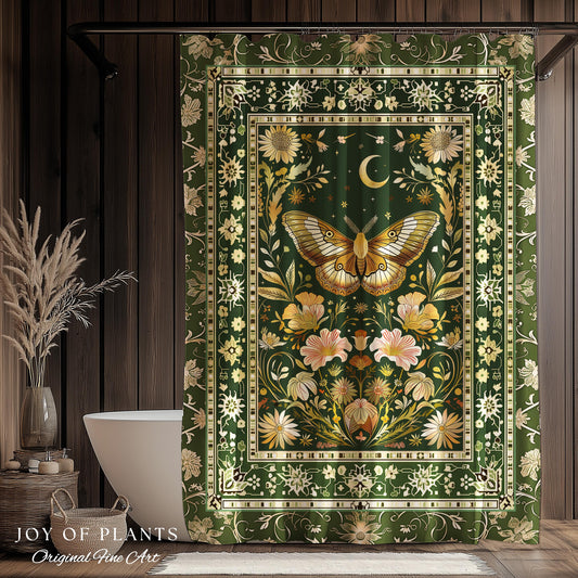 Boho Butterfly Moon Floral Garden Shower Curtain Vintage Sage Green Cottagecore Botanical Decor | Enchanted Forest Bathroom Moth Bohemian |