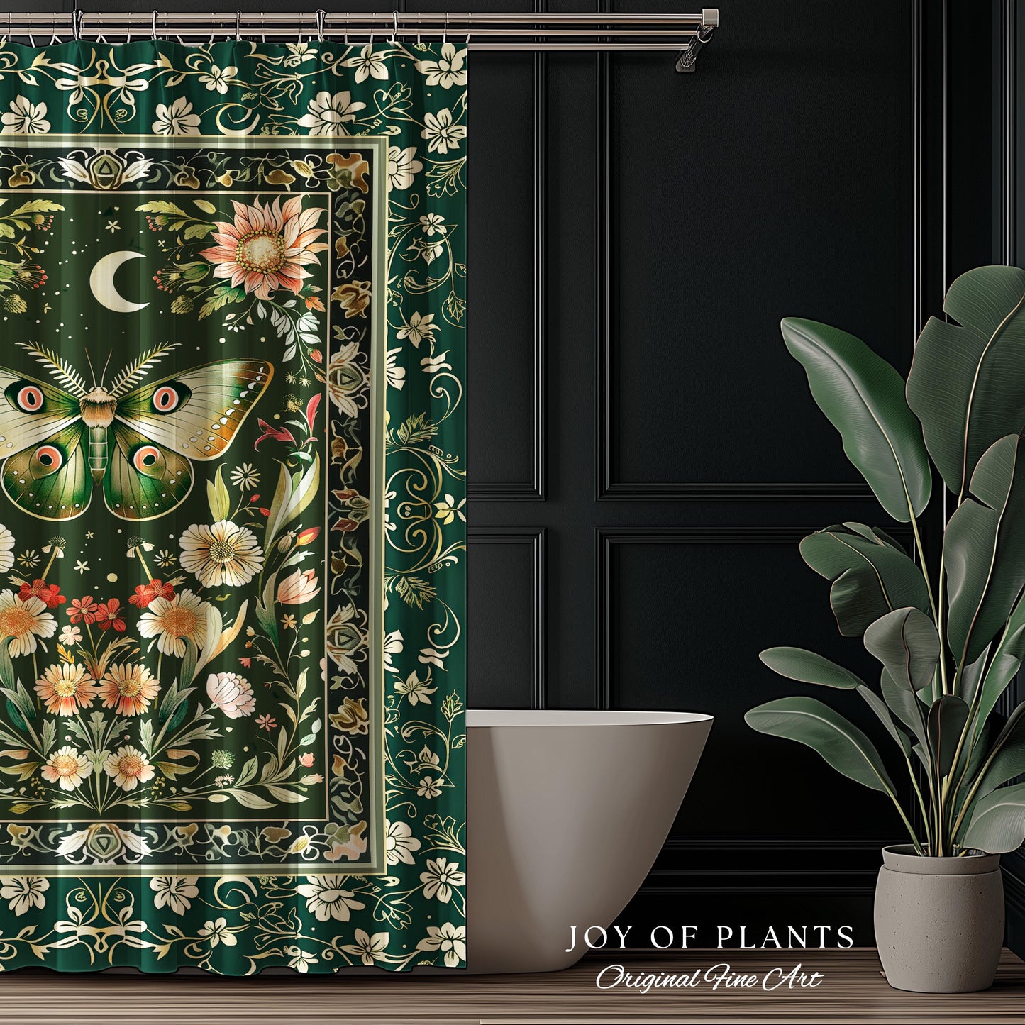 Botanical Moth Moon Shower Curtain Whimsical Floral Fairycore Enchanted Forest Green Bathroom Cottagecore Woodland Whimsy Butterfly Decor |