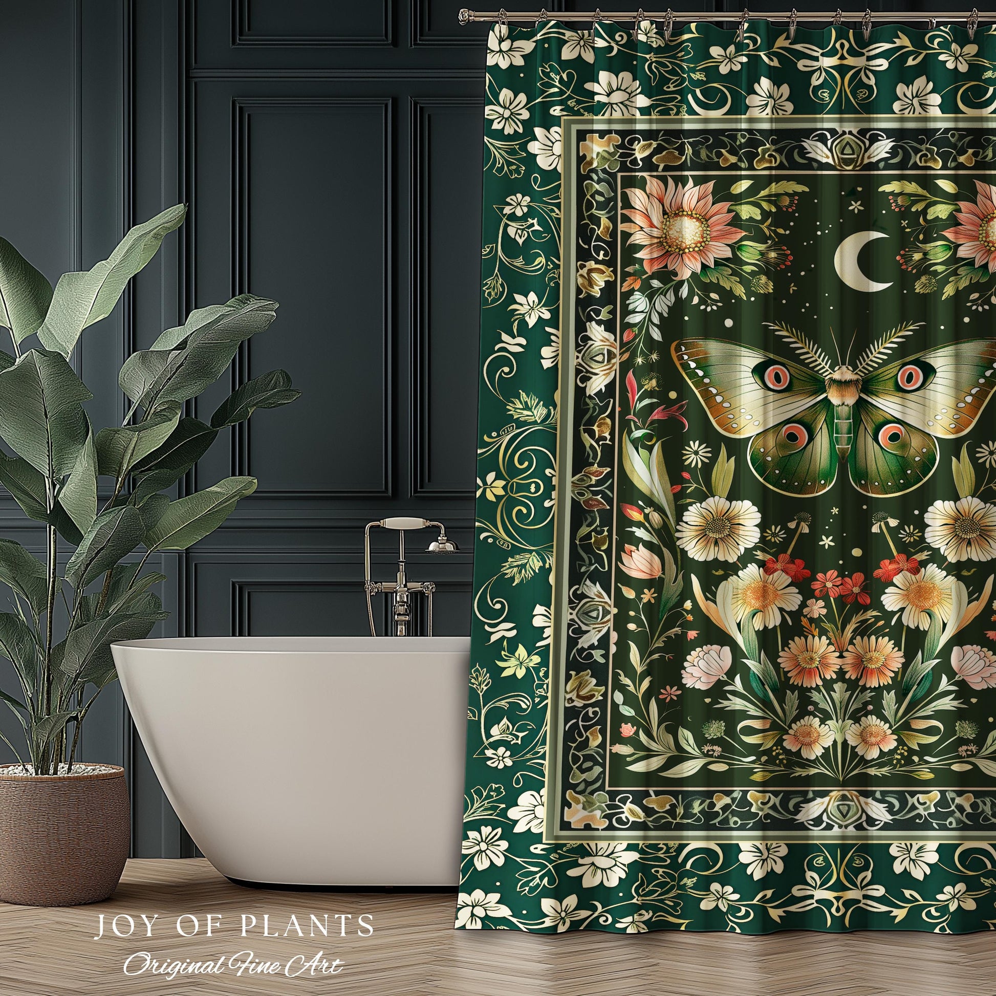 Botanical Moth Moon Shower Curtain Whimsical Floral Fairycore Enchanted Forest Green Bathroom Cottagecore Woodland Whimsy Butterfly Decor |