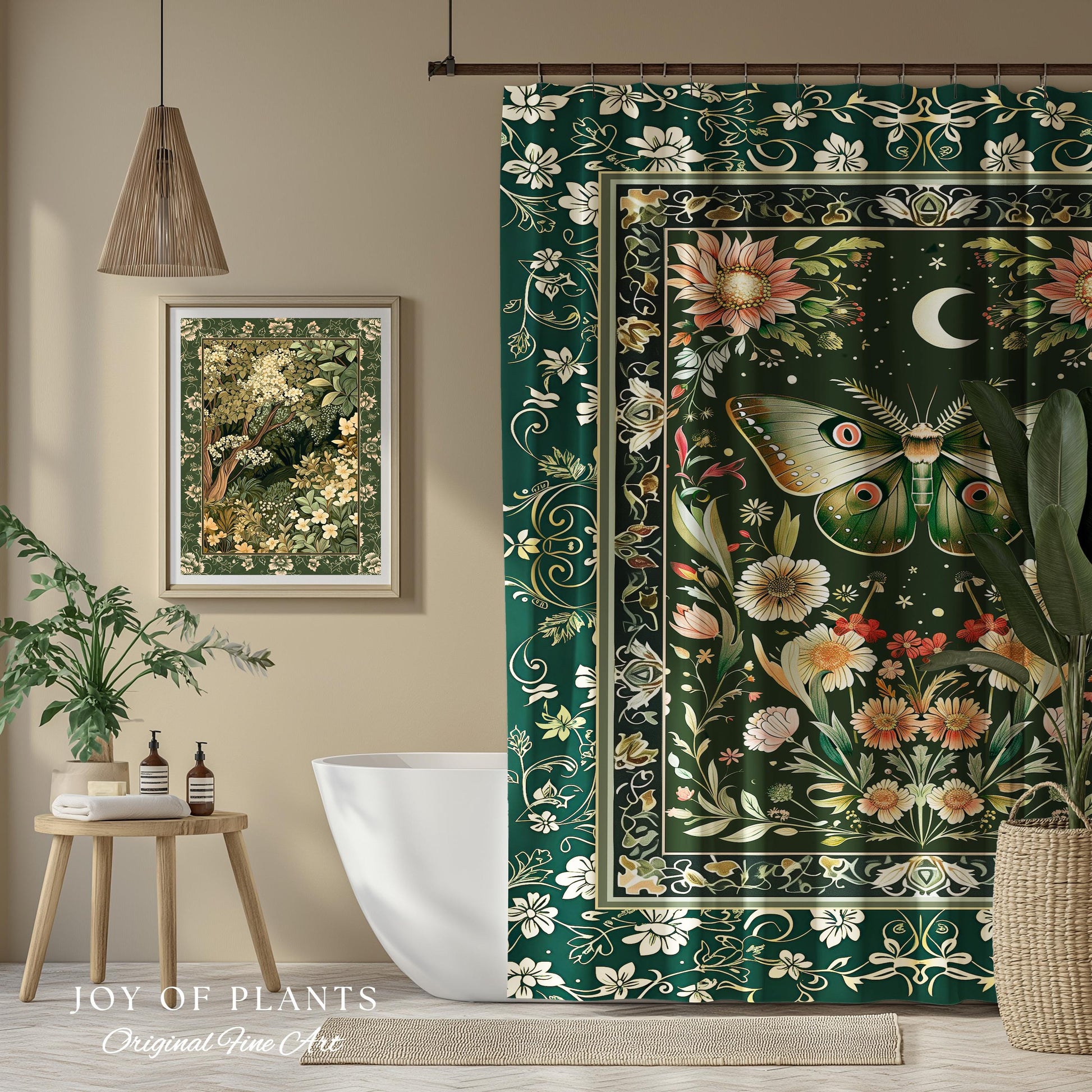 Botanical Moth Moon Shower Curtain Whimsical Floral Fairycore Enchanted Forest Green Bathroom Cottagecore Woodland Whimsy Butterfly Decor |