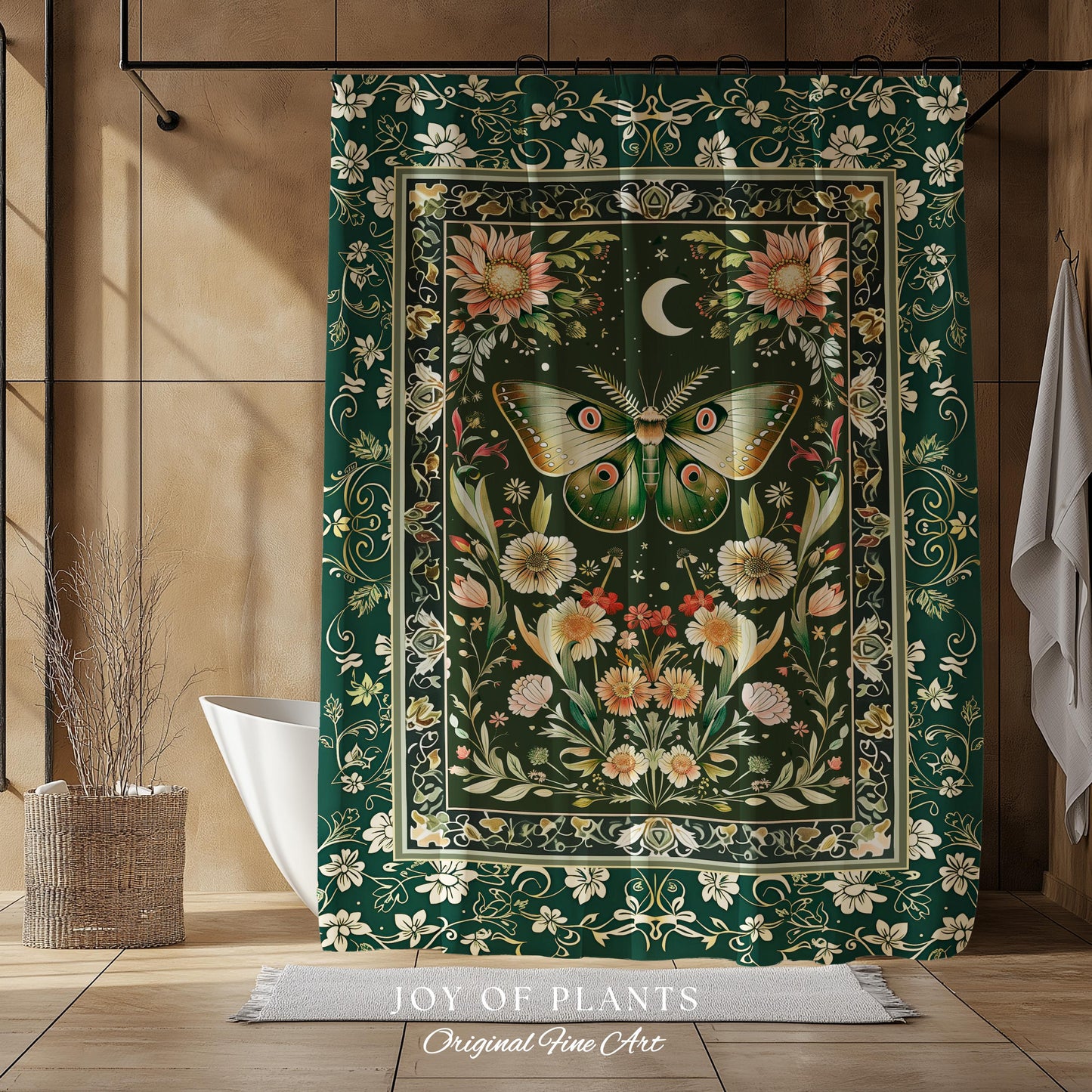 Botanical Moth Moon Shower Curtain Whimsical Floral Fairycore Enchanted Forest Green Bathroom Cottagecore Woodland Whimsy Butterfly Decor |
