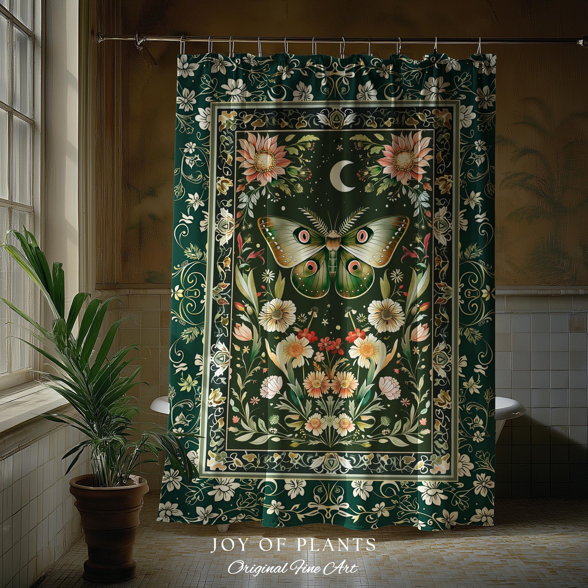 Botanical Moth Moon Shower Curtain Whimsical Floral Fairycore Enchanted Forest Green Bathroom Cottagecore Woodland Whimsy Butterfly Decor |