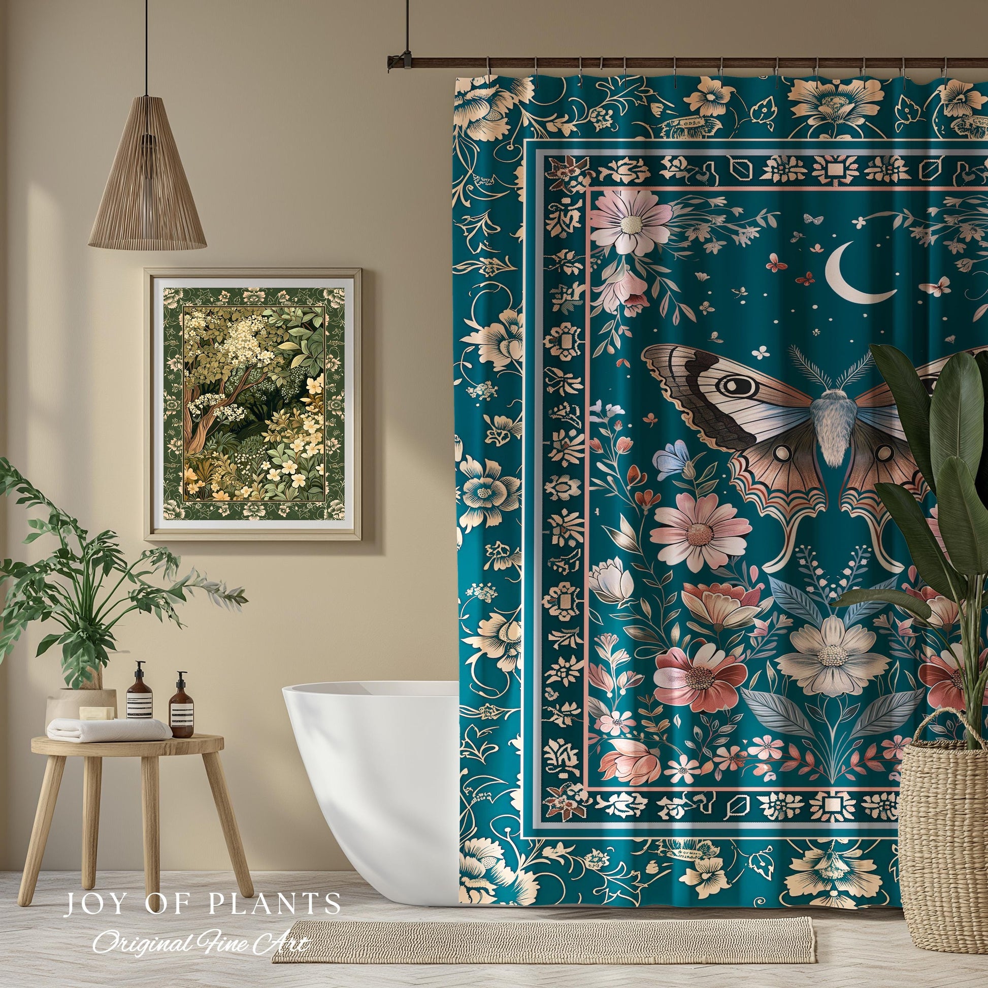 Magic Aesthetic Teal Shower Curtain | Celestial Fairycore Eclectic Maximalist Bathroom Accent Woodland Cottagecore Forestcore Pastel Mystic