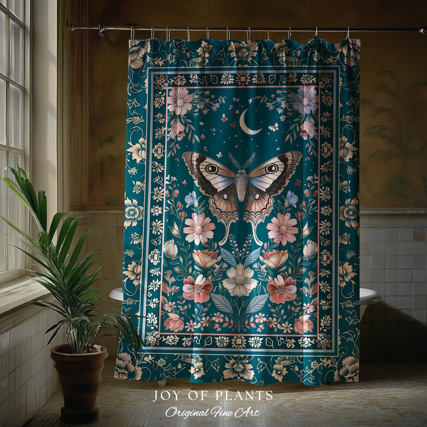 Magic Aesthetic Teal Shower Curtain | Celestial Fairycore Eclectic Maximalist Bathroom Accent Woodland Cottagecore Forestcore Pastel Mystic