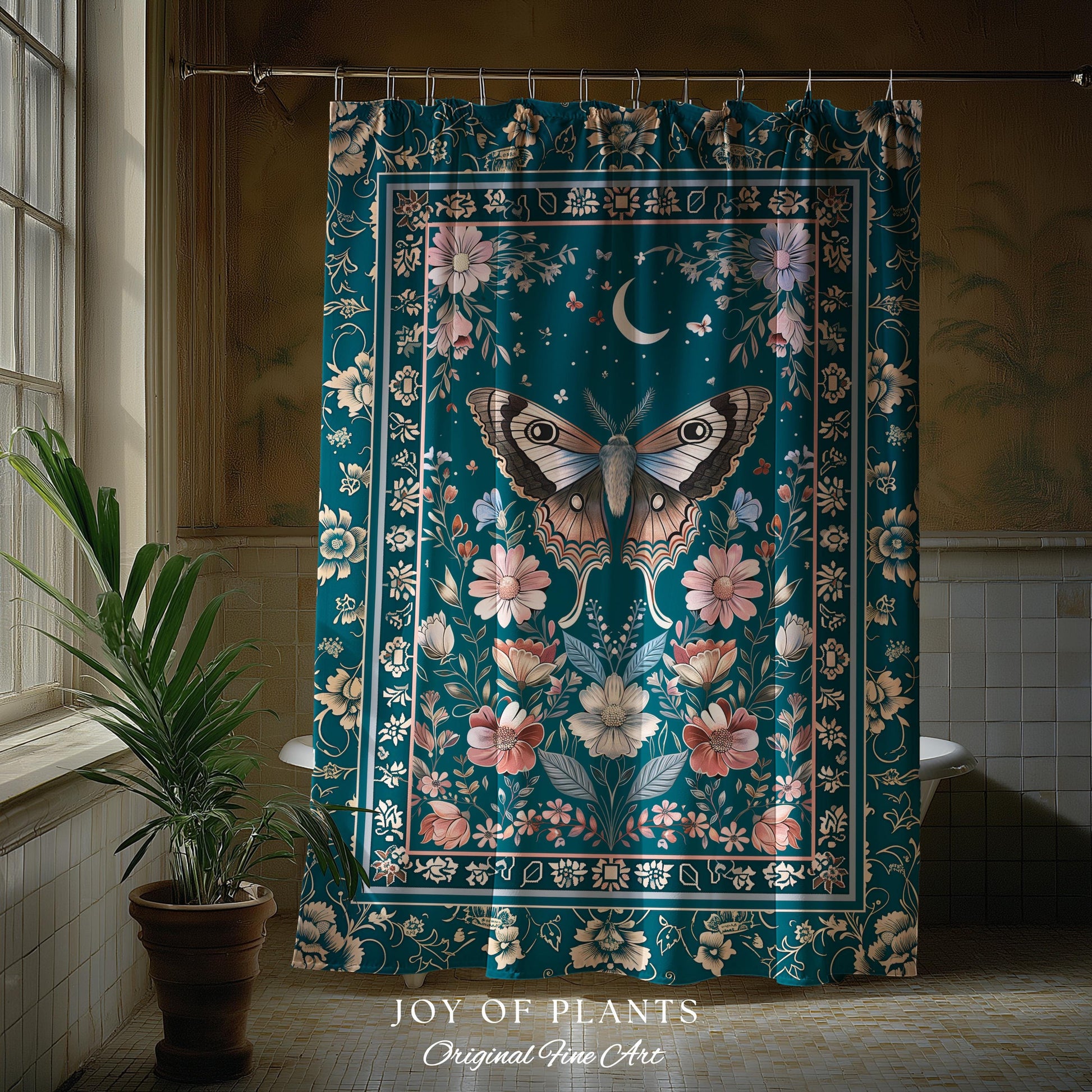 Magic Aesthetic Teal Shower Curtain | Celestial Fairycore Eclectic Maximalist Bathroom Accent Woodland Cottagecore Forestcore Pastel Mystic