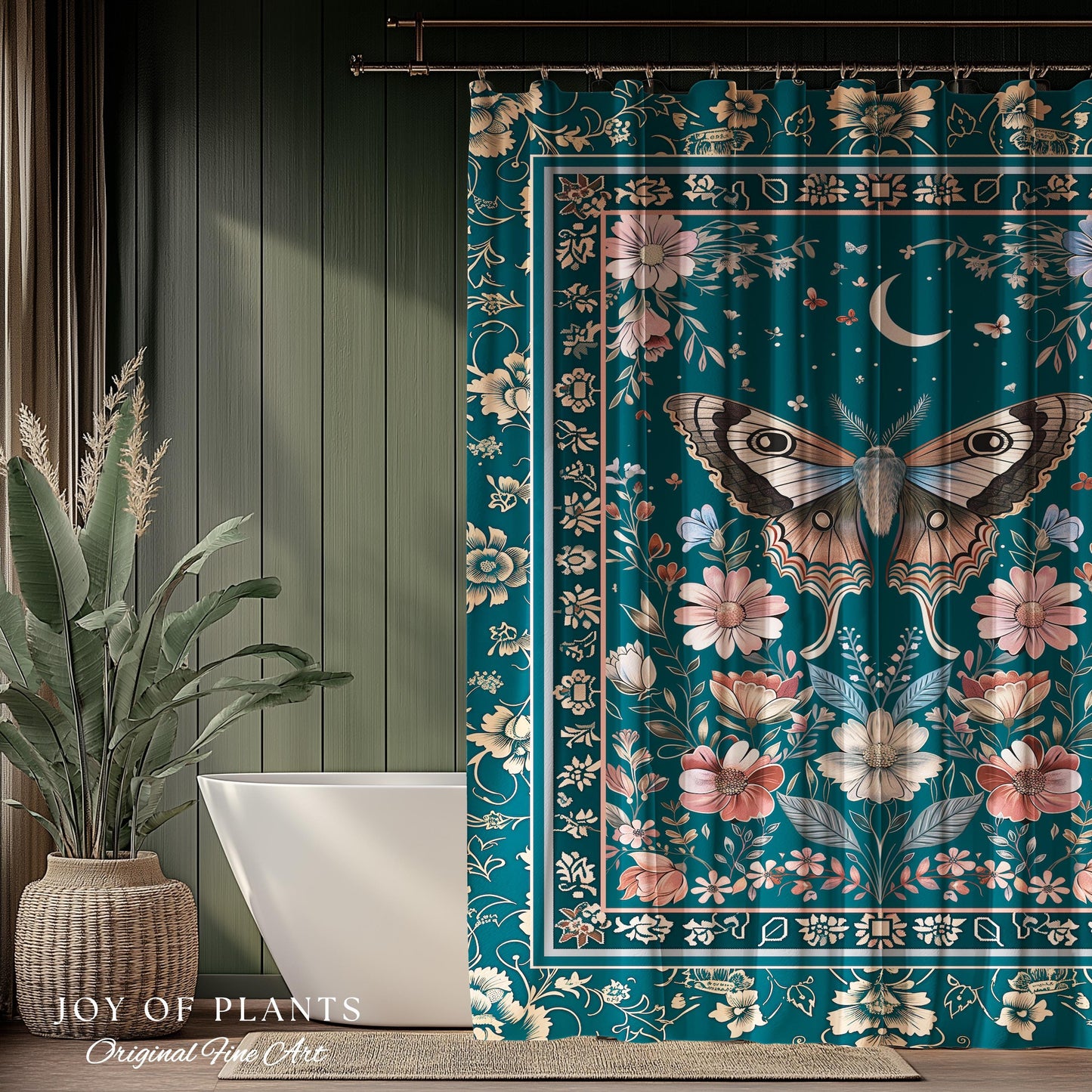 Magic Aesthetic Teal Shower Curtain | Celestial Fairycore Eclectic Maximalist Bathroom Accent Woodland Cottagecore Forestcore Pastel Mystic