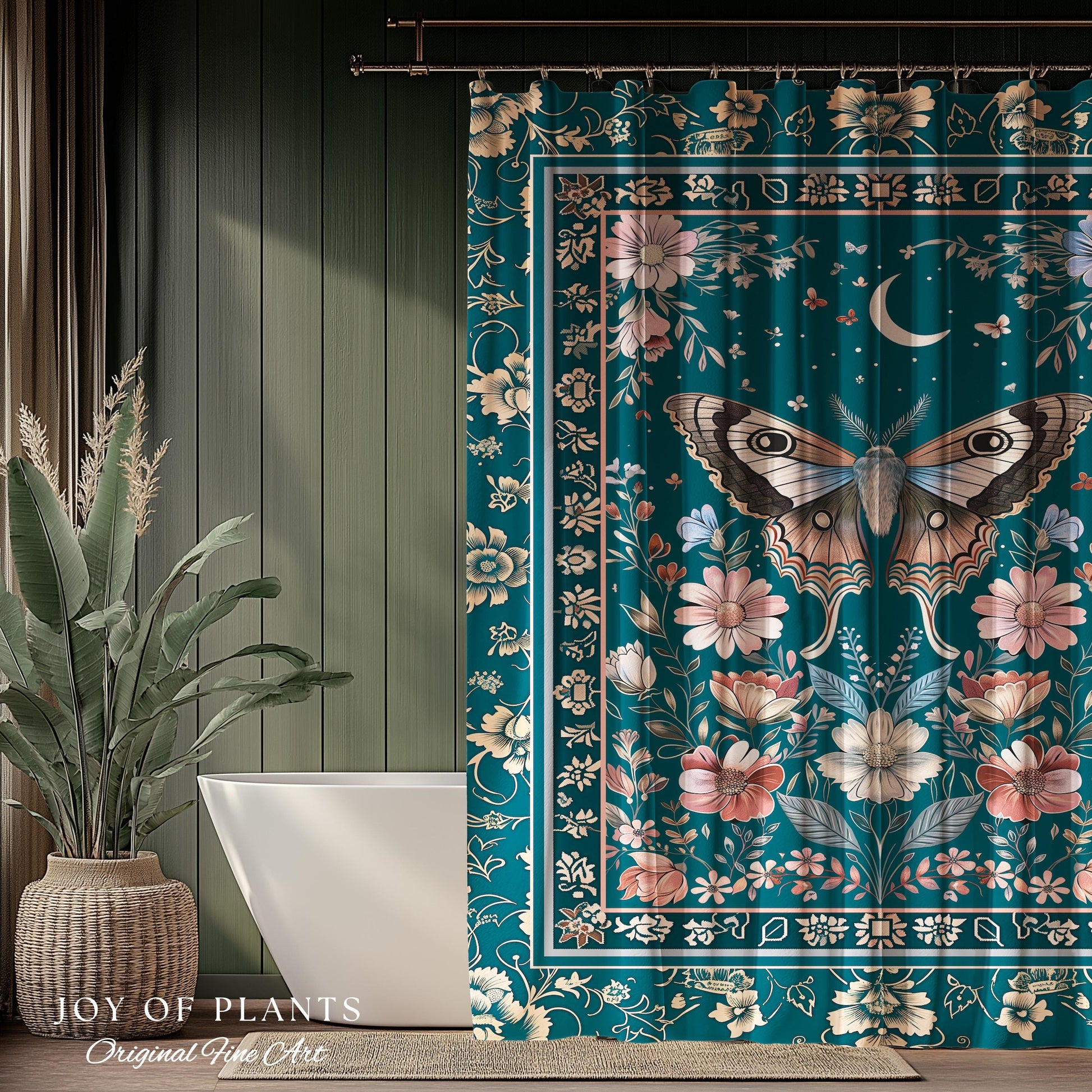 Magic Aesthetic Teal Shower Curtain | Celestial Fairycore Eclectic Maximalist Bathroom Accent Woodland Cottagecore Forestcore Pastel Mystic