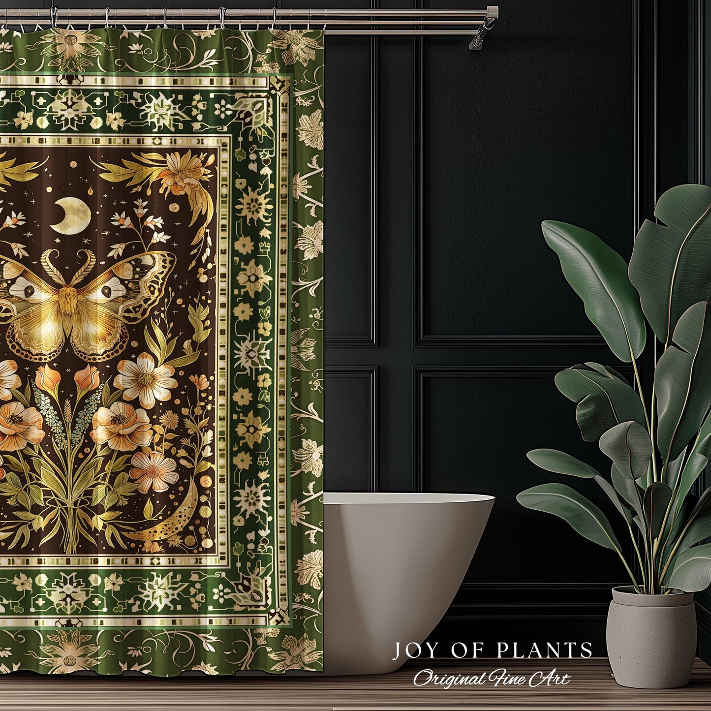 Hippie Moth Moon Shower Curtain | Floral Whimsy Fairy Aesthetic Enchanted Boho Vintage Forest Green Cottagecore Woodland Butterfly Bathroom