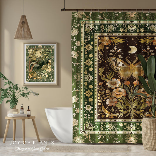 Hippie Moth Moon Shower Curtain | Floral Whimsy Fairy Aesthetic Enchanted Boho Vintage Forest Green Cottagecore Woodland Butterfly Bathroom