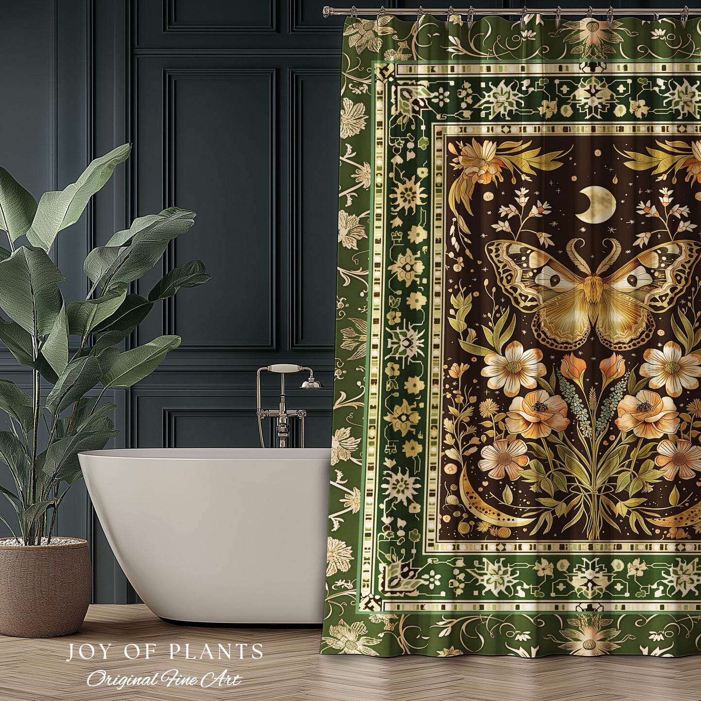 Hippie Moth Moon Shower Curtain | Floral Whimsy Fairy Aesthetic Enchanted Boho Vintage Forest Green Cottagecore Woodland Butterfly Bathroom