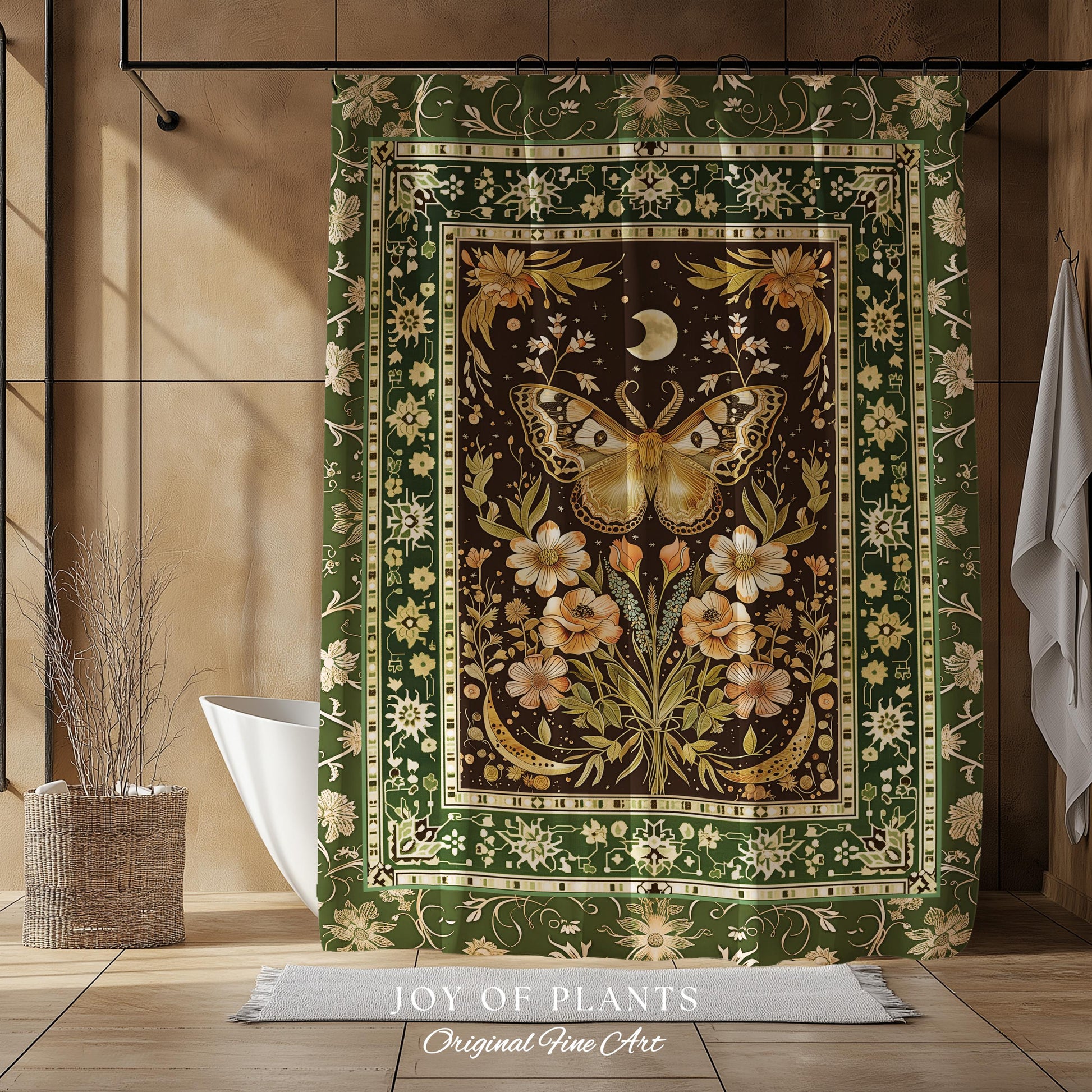 Hippie Moth Moon Shower Curtain | Floral Whimsy Fairy Aesthetic Enchanted Boho Vintage Forest Green Cottagecore Woodland Butterfly Bathroom