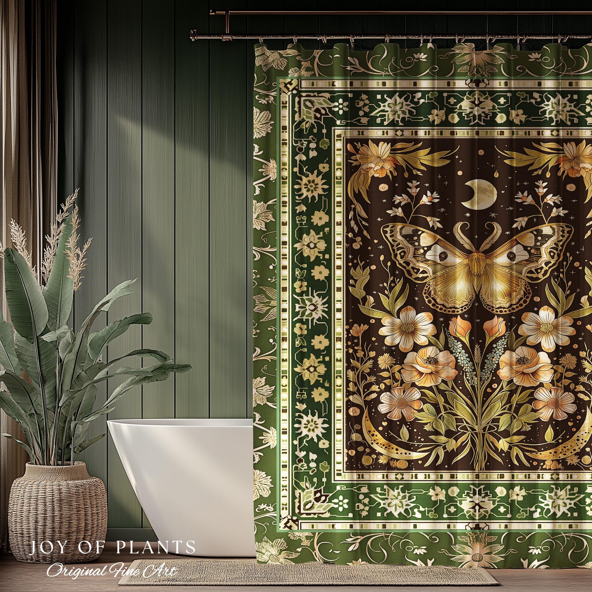 Hippie Moth Moon Shower Curtain | Floral Whimsy Fairy Aesthetic Enchanted Boho Vintage Forest Green Cottagecore Woodland Butterfly Bathroom