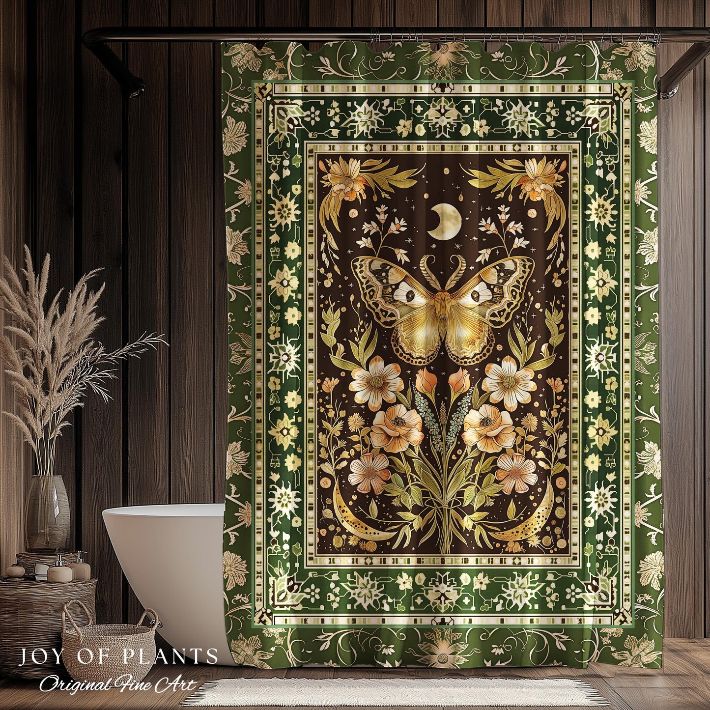 Hippie Moth Moon Shower Curtain | Floral Whimsy Fairy Aesthetic Enchanted Boho Vintage Forest Green Cottagecore Woodland Butterfly Bathroom
