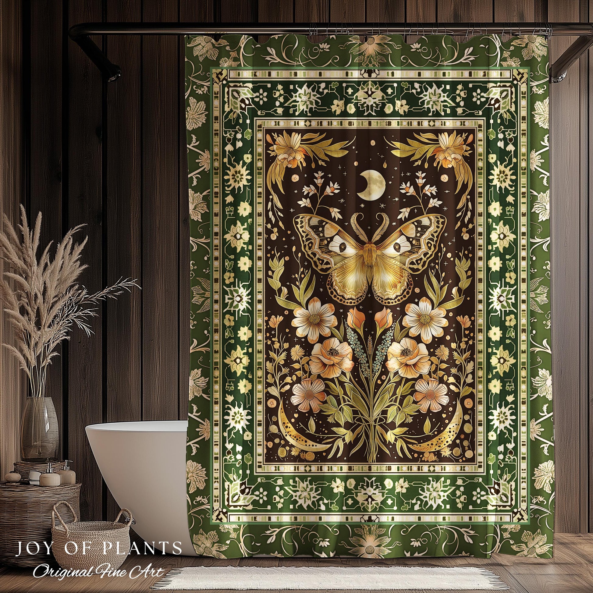 Hippie Moth Moon Shower Curtain | Floral Whimsy Fairy Aesthetic Enchanted Boho Vintage Forest Green Cottagecore Woodland Butterfly Bathroom