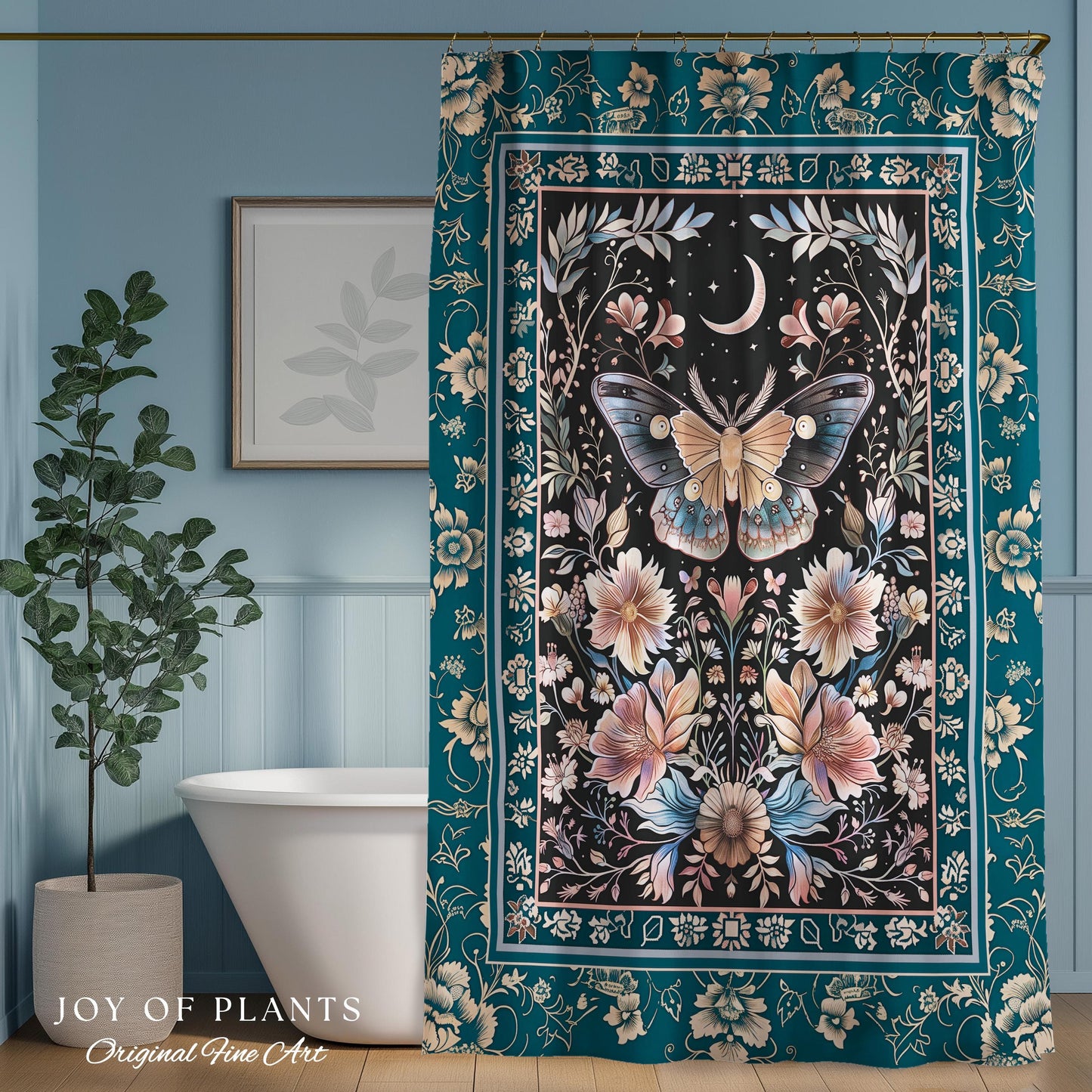 Boho Moth Moon Fairycore Shower Curtain Teal Bohemian Butterfly Floral | Whimsical Celestial Teal Dark Cottagecore Bathroom Maximalist Decor