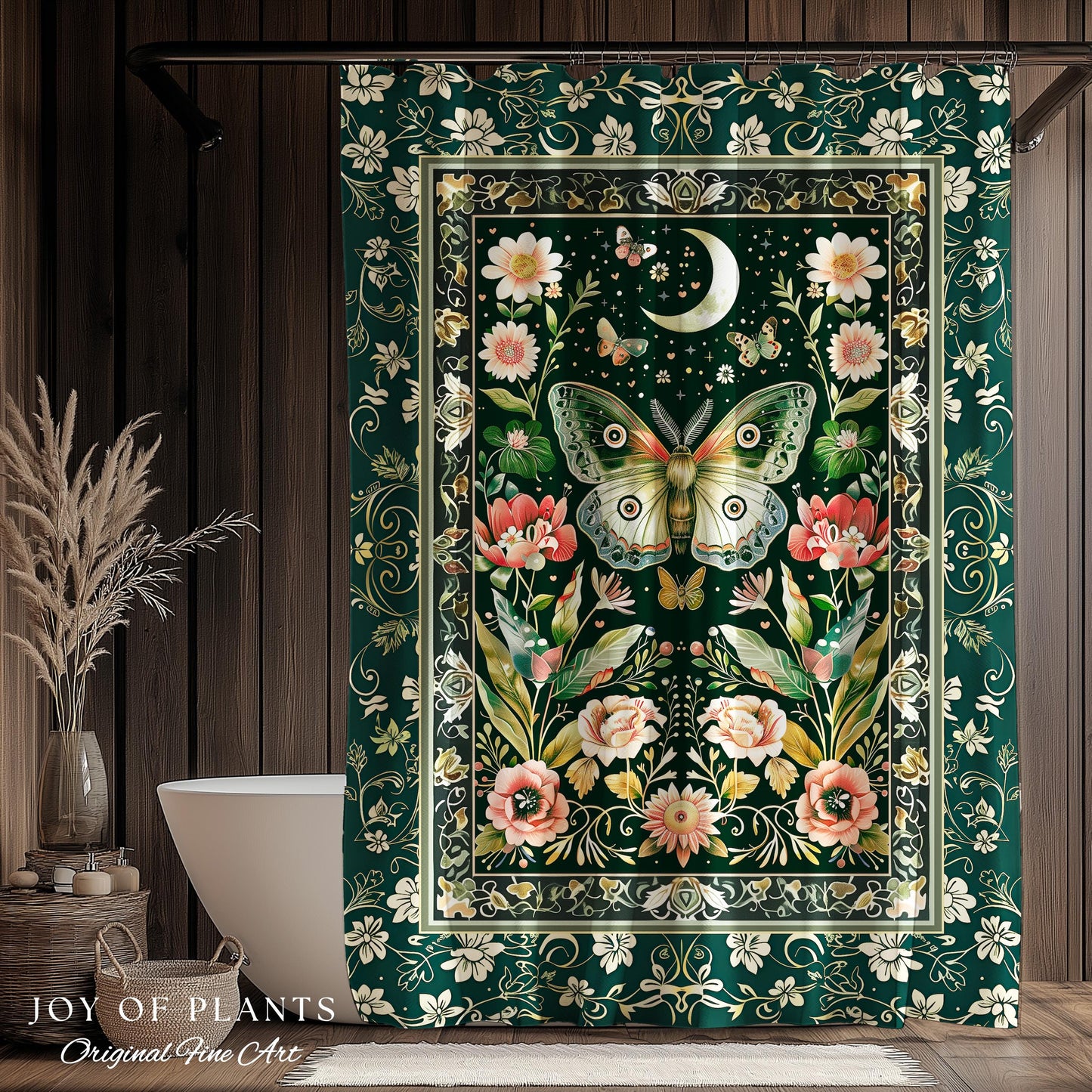 Ethereal Witchy Moth Moon Shower Curtain | Whimsical Cottagecore Dreamy Forest Bathroom Antique Green Celestial Woodland Whimsy Butterfly |