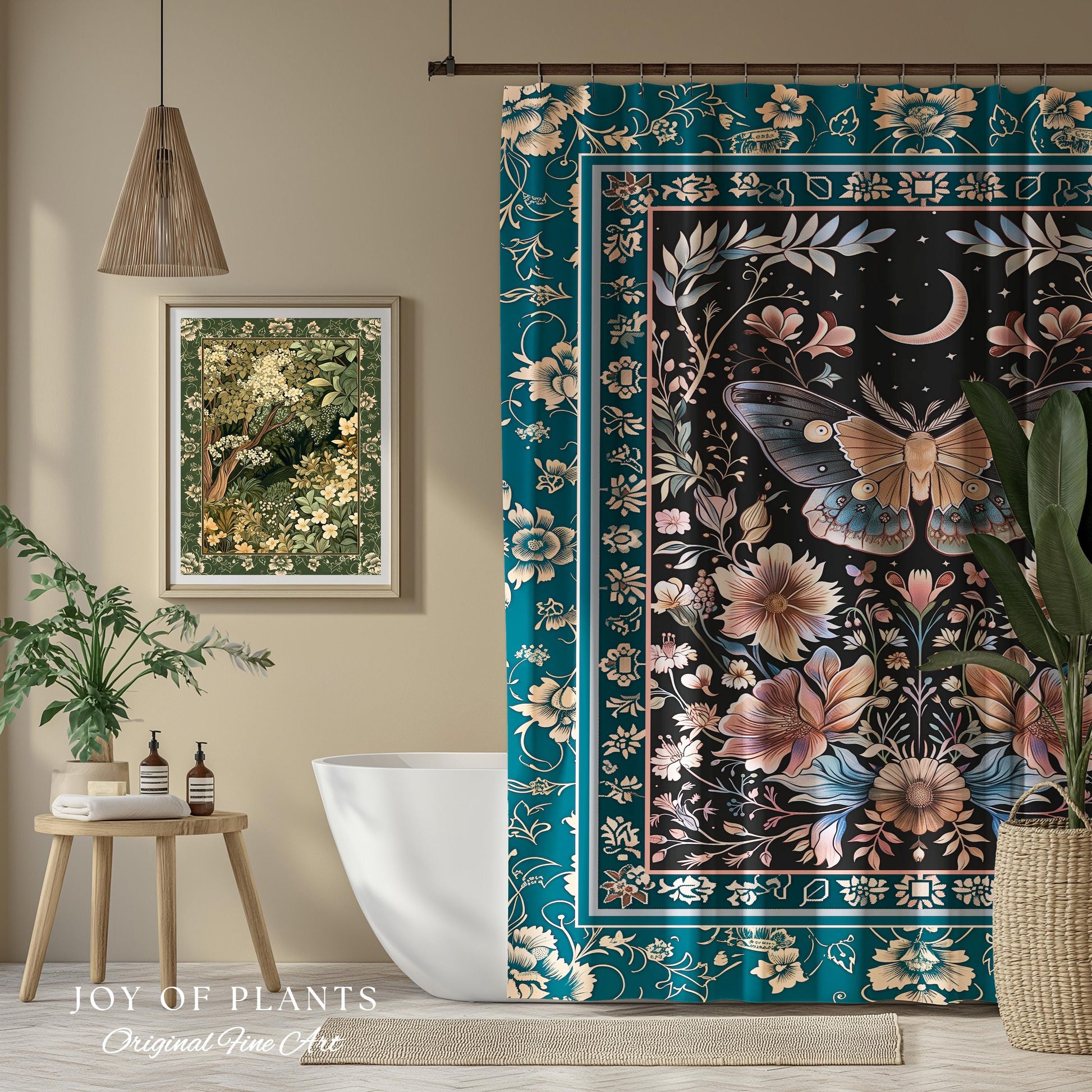 Boho Moth Moon Fairycore Shower Curtain Teal Bohemian Butterfly Floral | Whimsical Celestial Teal Dark Cottagecore Bathroom Maximalist Decor
