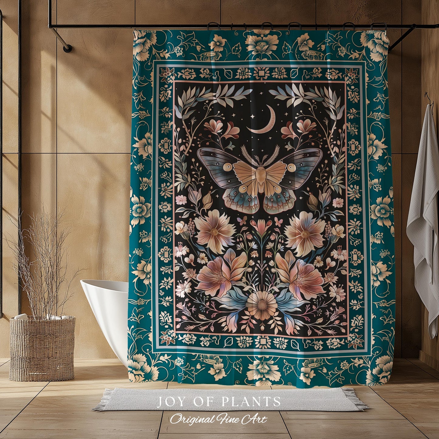 Boho Moth Moon Fairycore Shower Curtain Teal Bohemian Butterfly Floral | Whimsical Celestial Teal Dark Cottagecore Bathroom Maximalist Decor