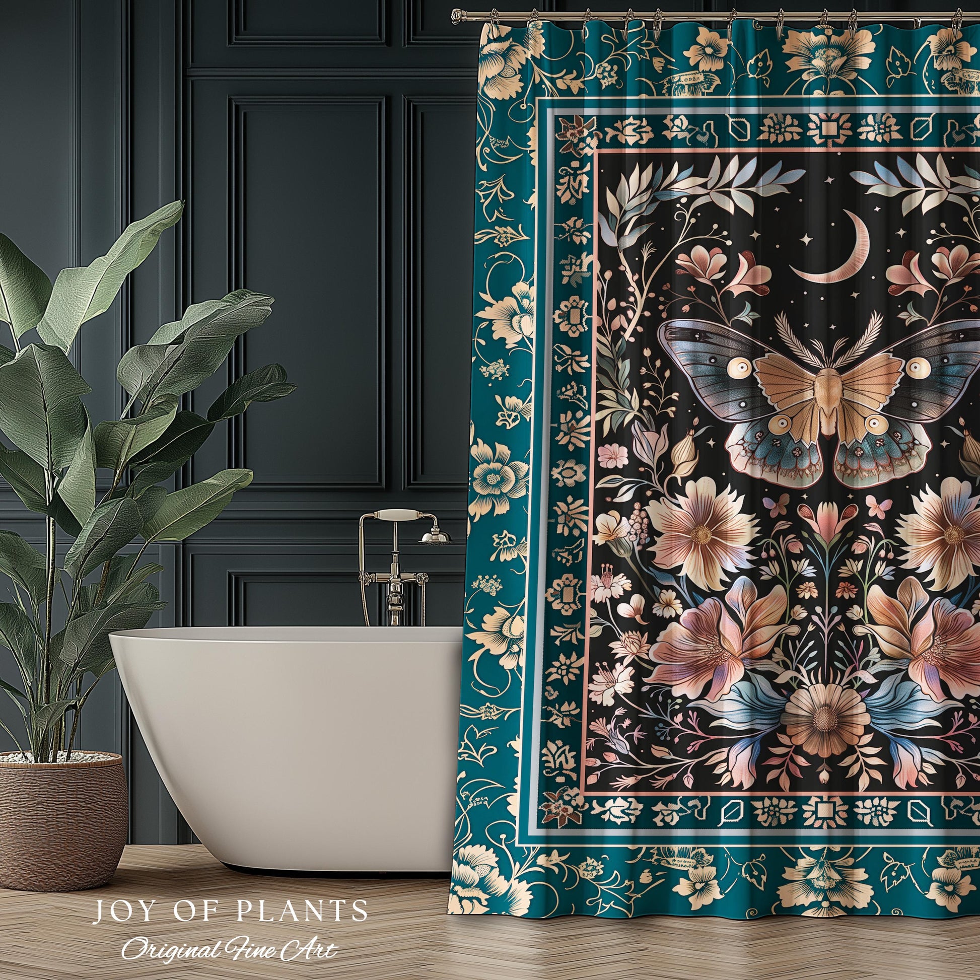 Boho Moth Moon Fairycore Shower Curtain Teal Bohemian Butterfly Floral | Whimsical Celestial Teal Dark Cottagecore Bathroom Maximalist Decor