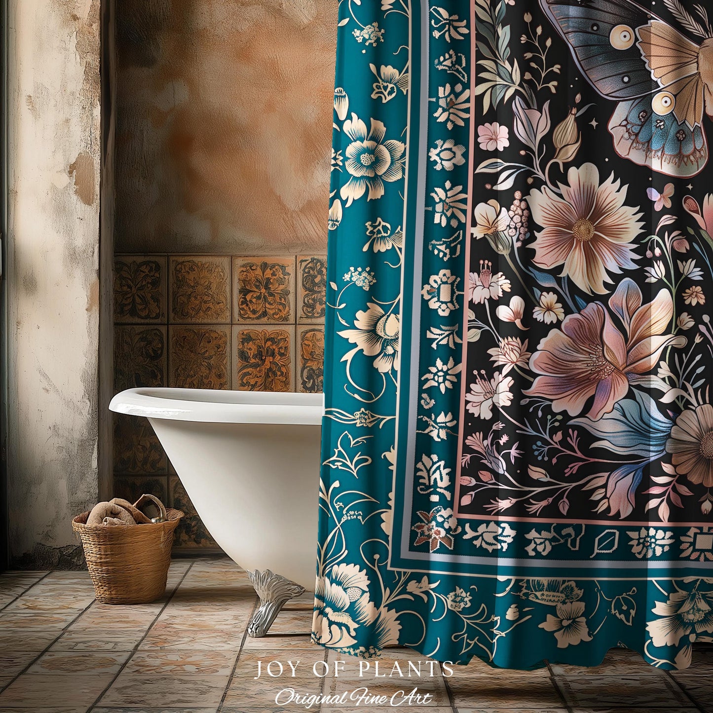 Boho Moth Moon Fairycore Shower Curtain Teal Bohemian Butterfly Floral | Whimsical Celestial Teal Dark Cottagecore Bathroom Maximalist Decor