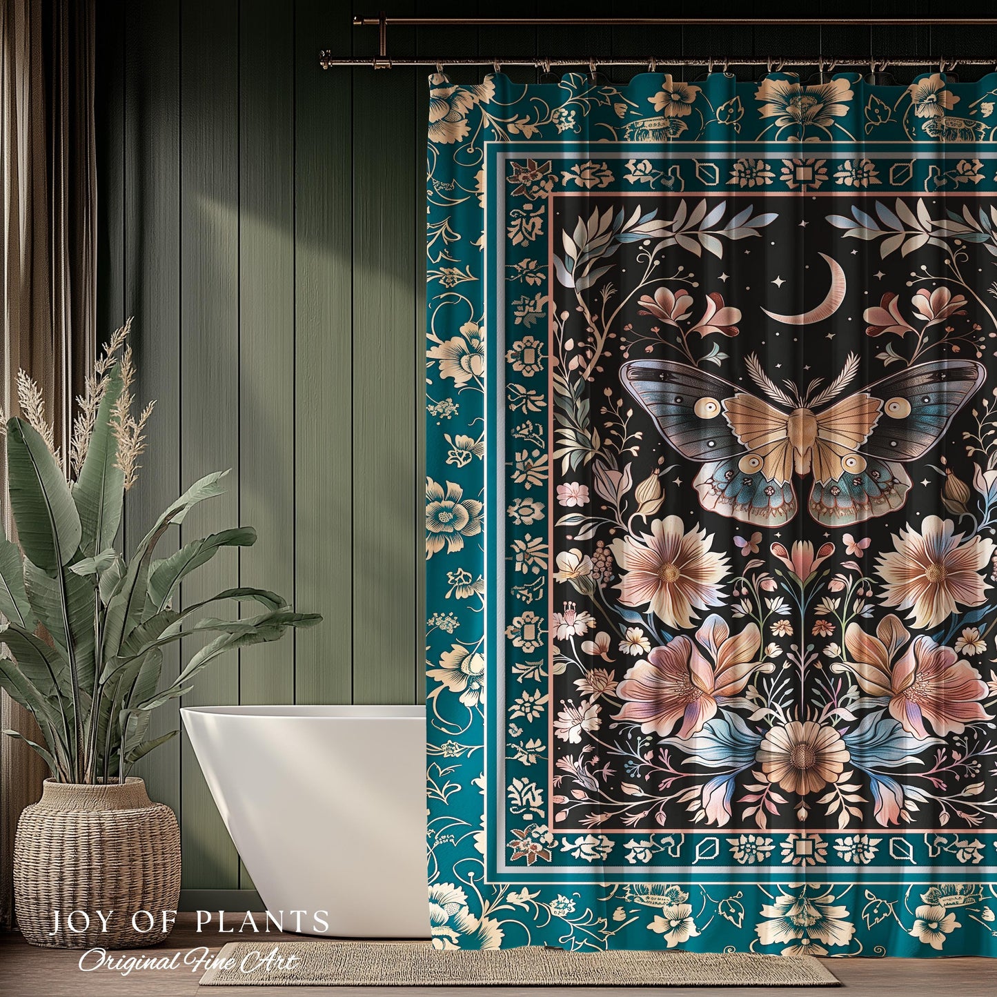 Boho Moth Moon Fairycore Shower Curtain Teal Bohemian Butterfly Floral | Whimsical Celestial Teal Dark Cottagecore Bathroom Maximalist Decor