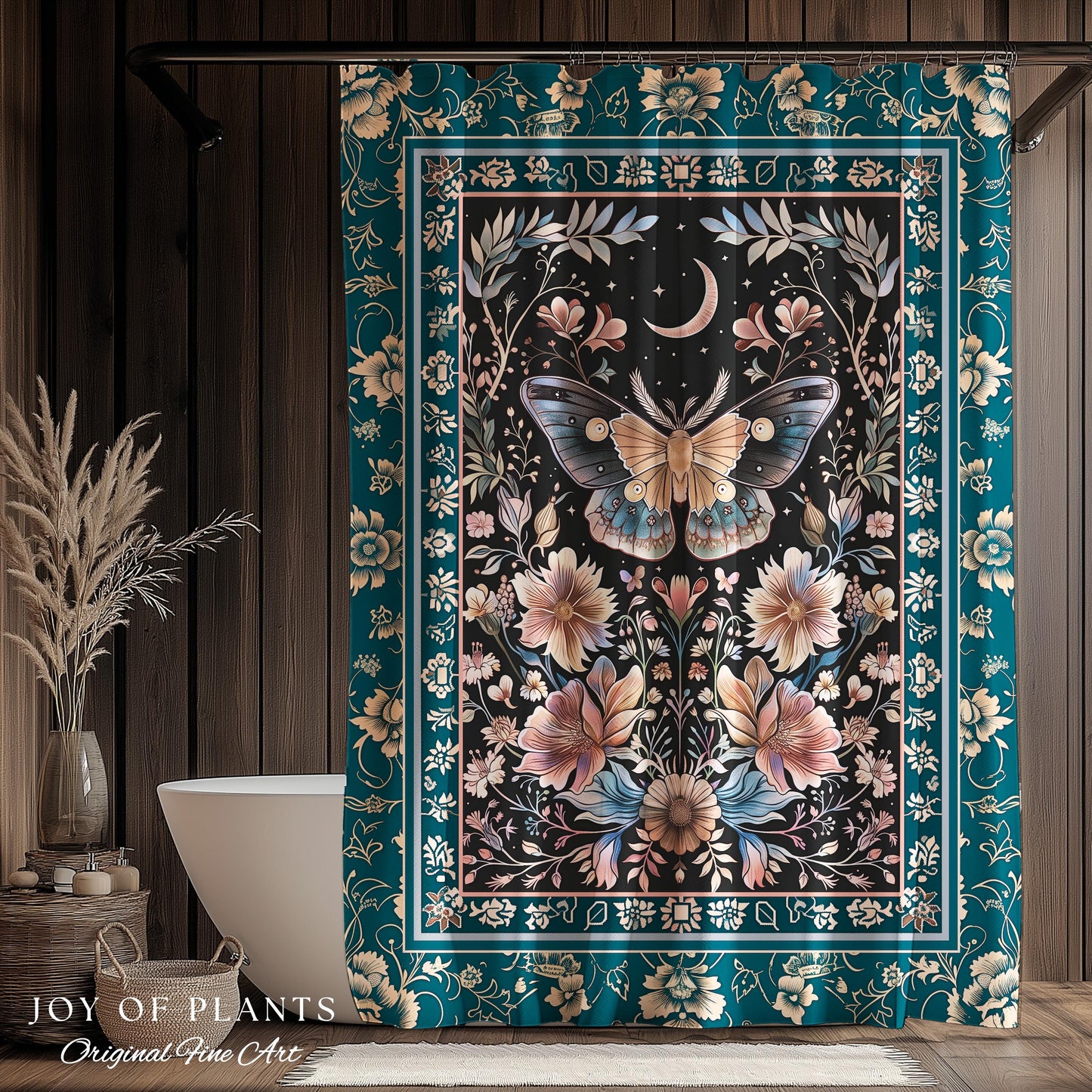 Boho Moth Moon Fairycore Shower Curtain Teal Bohemian Butterfly Floral | Whimsical Celestial Teal Dark Cottagecore Bathroom Maximalist Decor