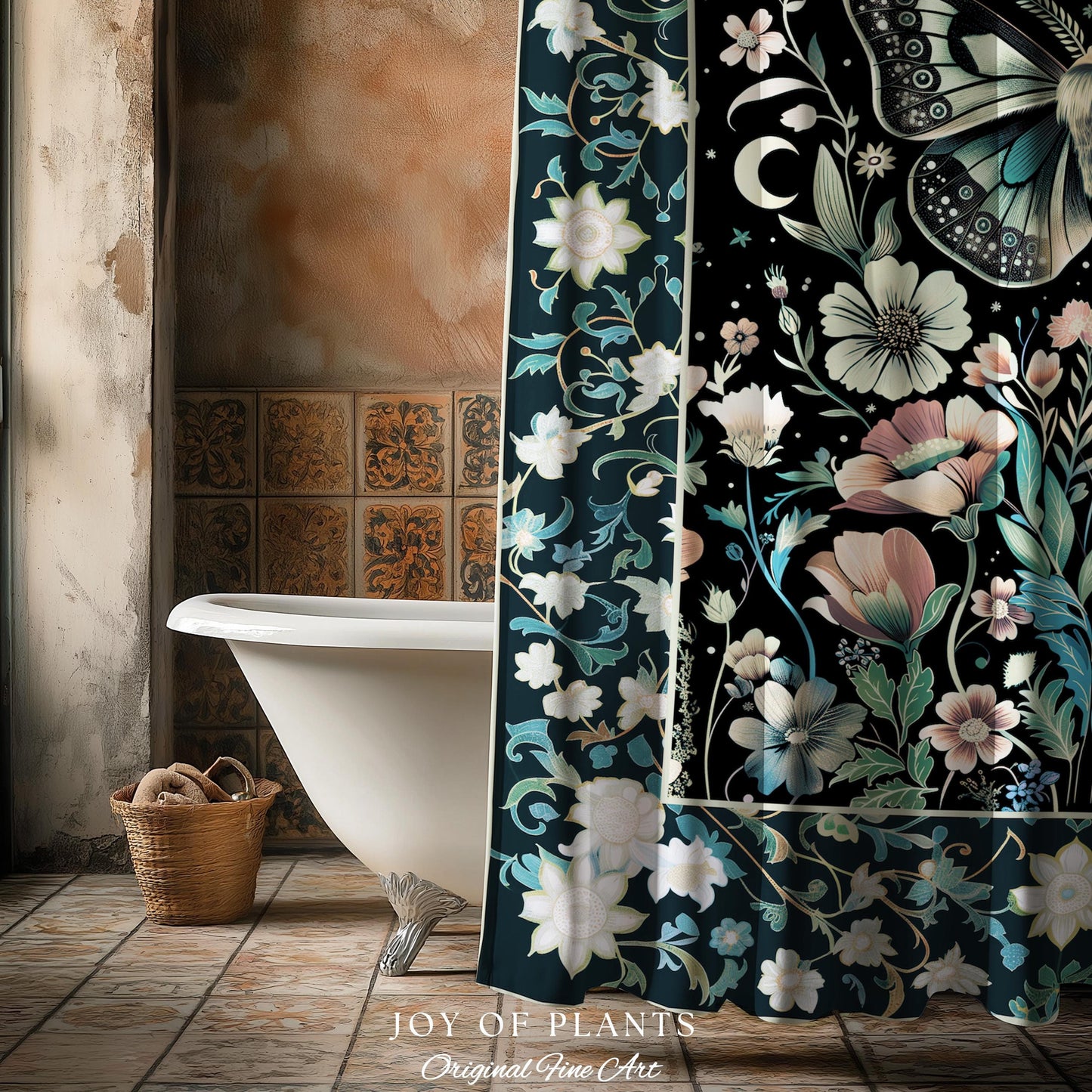 Celestial Butterfly Floral Shower Curtain Whimsical Moonlit Garden Whimsigothic Decor, Ethereal Cottagecore Botanical Moth Bathroom Accent |
