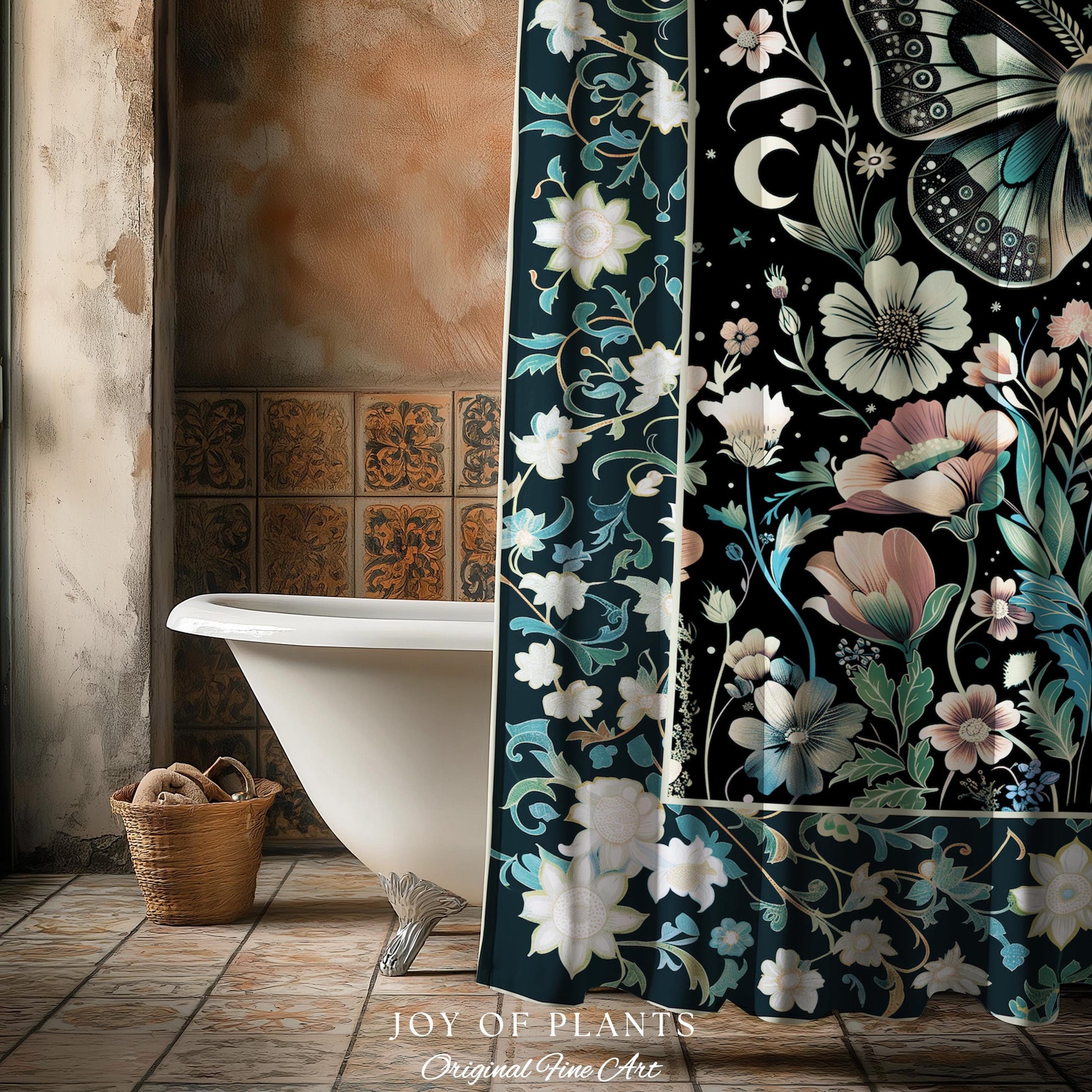Celestial Butterfly Floral Shower Curtain Whimsical Moonlit Garden Whimsigothic Decor, Ethereal Cottagecore Botanical Moth Bathroom Accent |